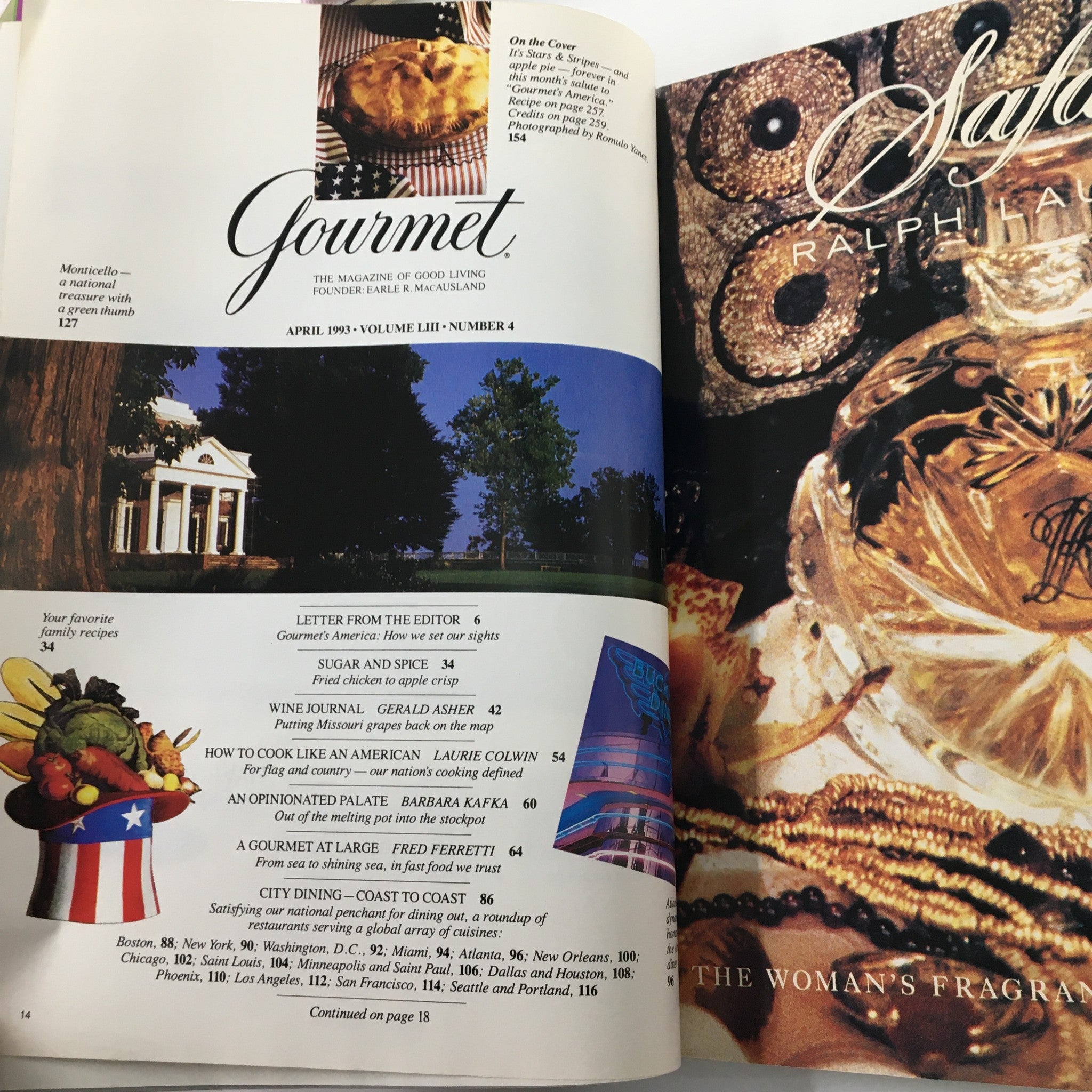 Page inside Gourmet Magazine April 1993, displaying the table of contents with features on American cooking, including articles and recipes related to the theme 'Gourmet's America'.