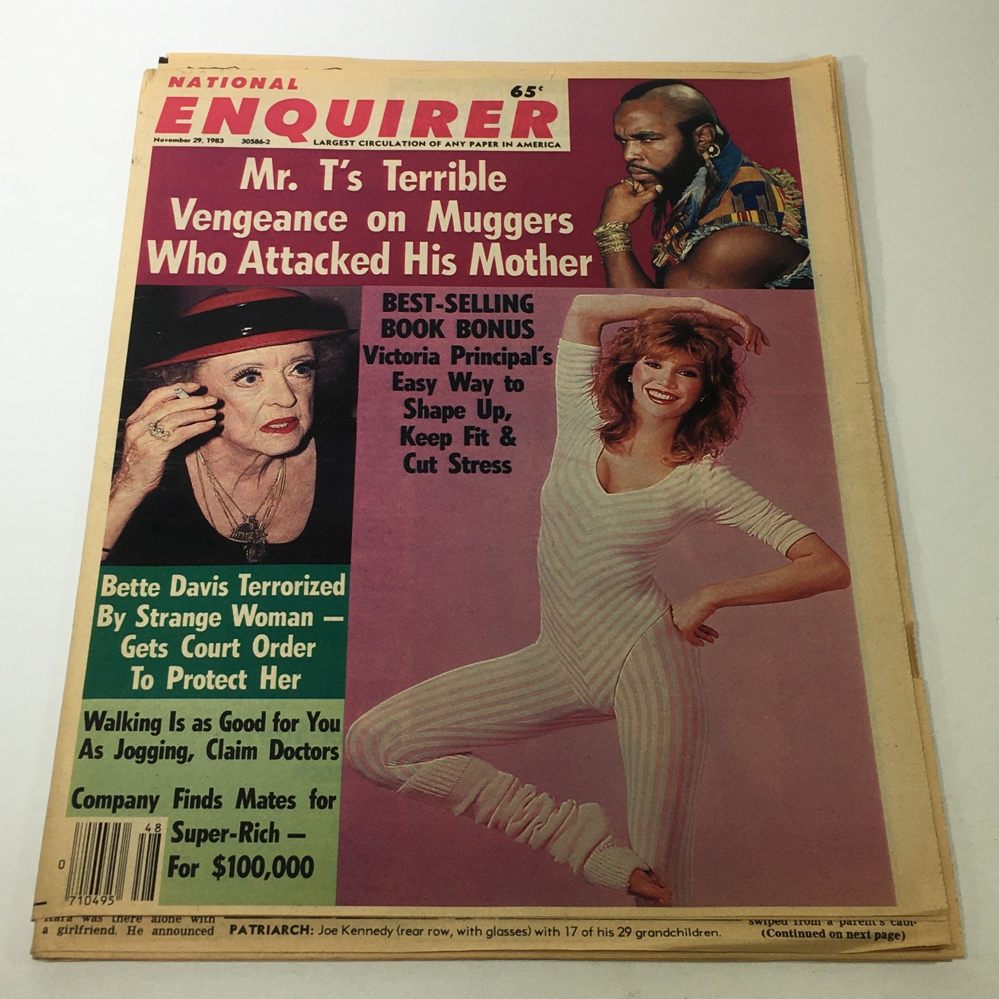 Cover of the VTG National Enquirer Magazine from November 29, 1983, featuring Mr. T and Victoria Principal, showcasing the headline 'Mr. T's Terrible Vengeance on Muggers Who Attacked His Mother' and additional articles including tips from Victoria Principal.