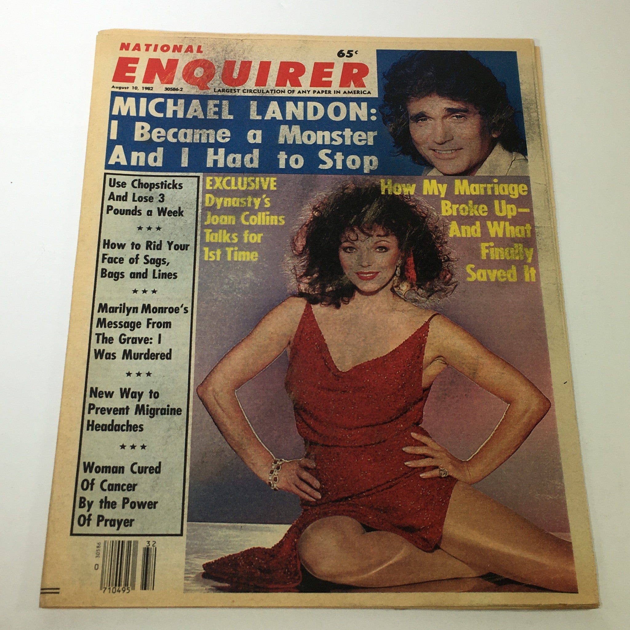 Vintage National Enquirer Magazine cover from August 10, 1982 featuring Michael Landon with the headline 'I Became a Monster And I Had to Stop' and an image of Joan Collins, highlighting celebrity news and stories of the time.