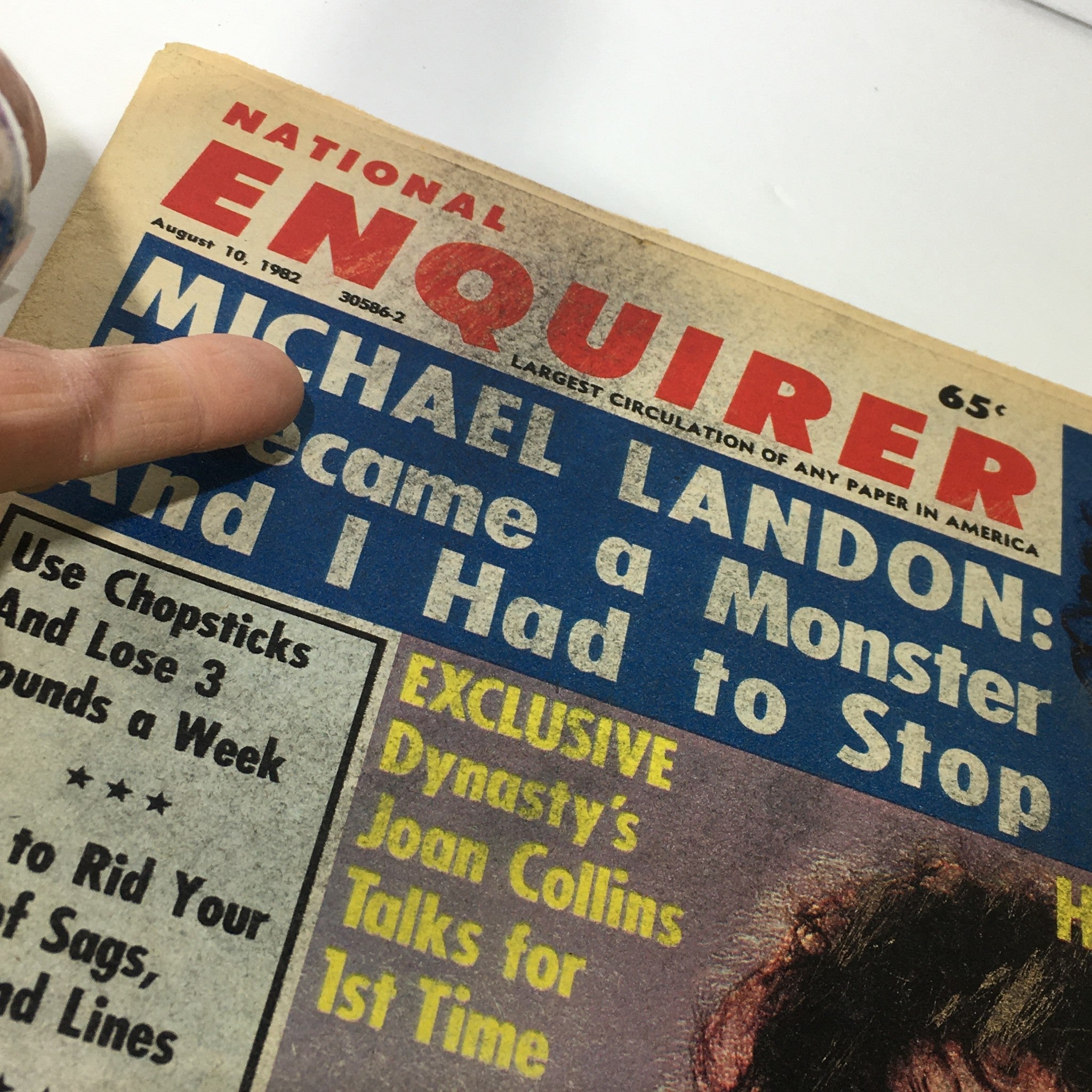 Cover of VTG National Enquirer Magazine from August 10, 1982 featuring the headline about Michael Landon, with bold text highlighting his story and a finger pointing at the cover.