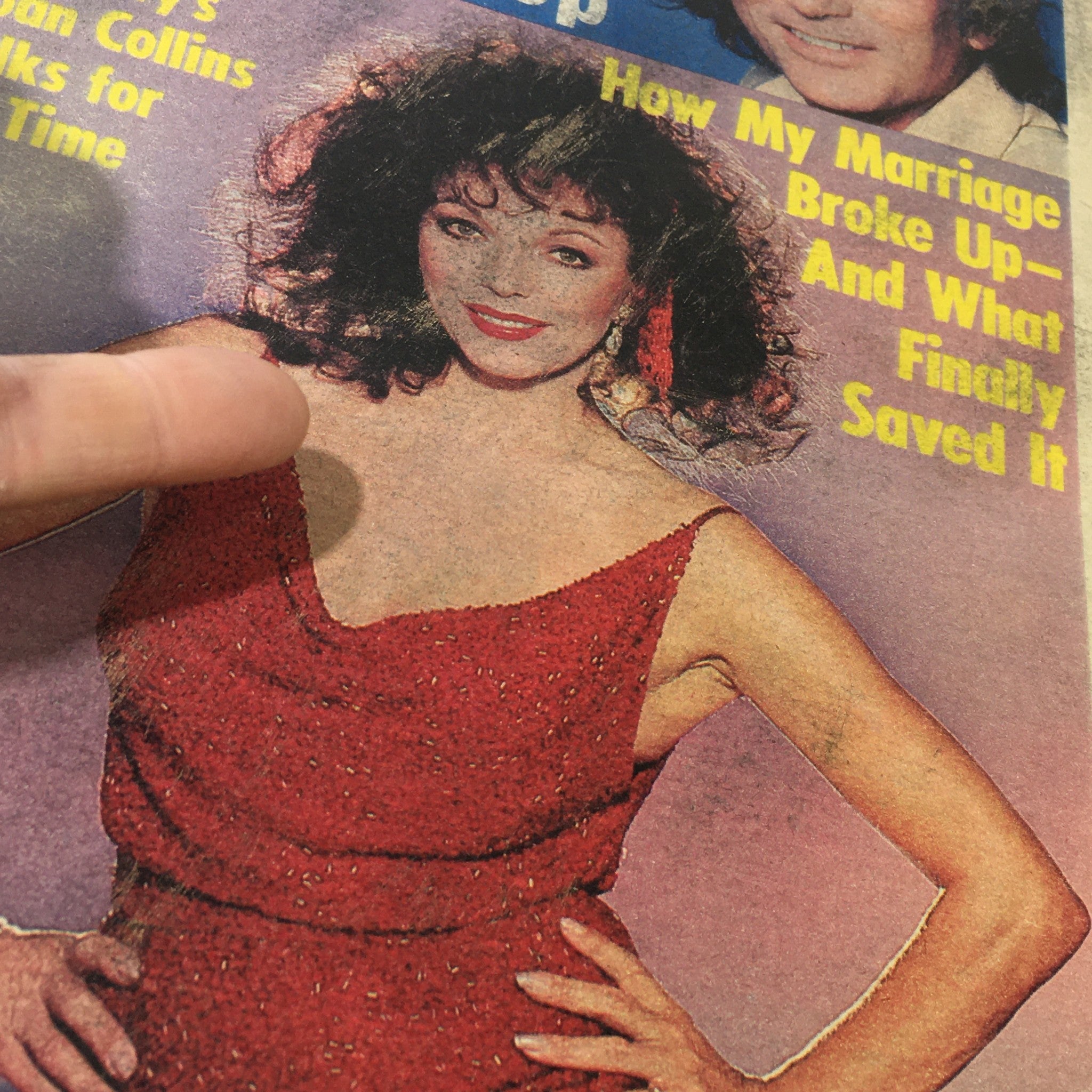 Feature section on the cover of VTG National Enquirer Magazine from August 10, 1982 showcasing Joan Collins with a striking red dress, discussing her marriage and personal life.