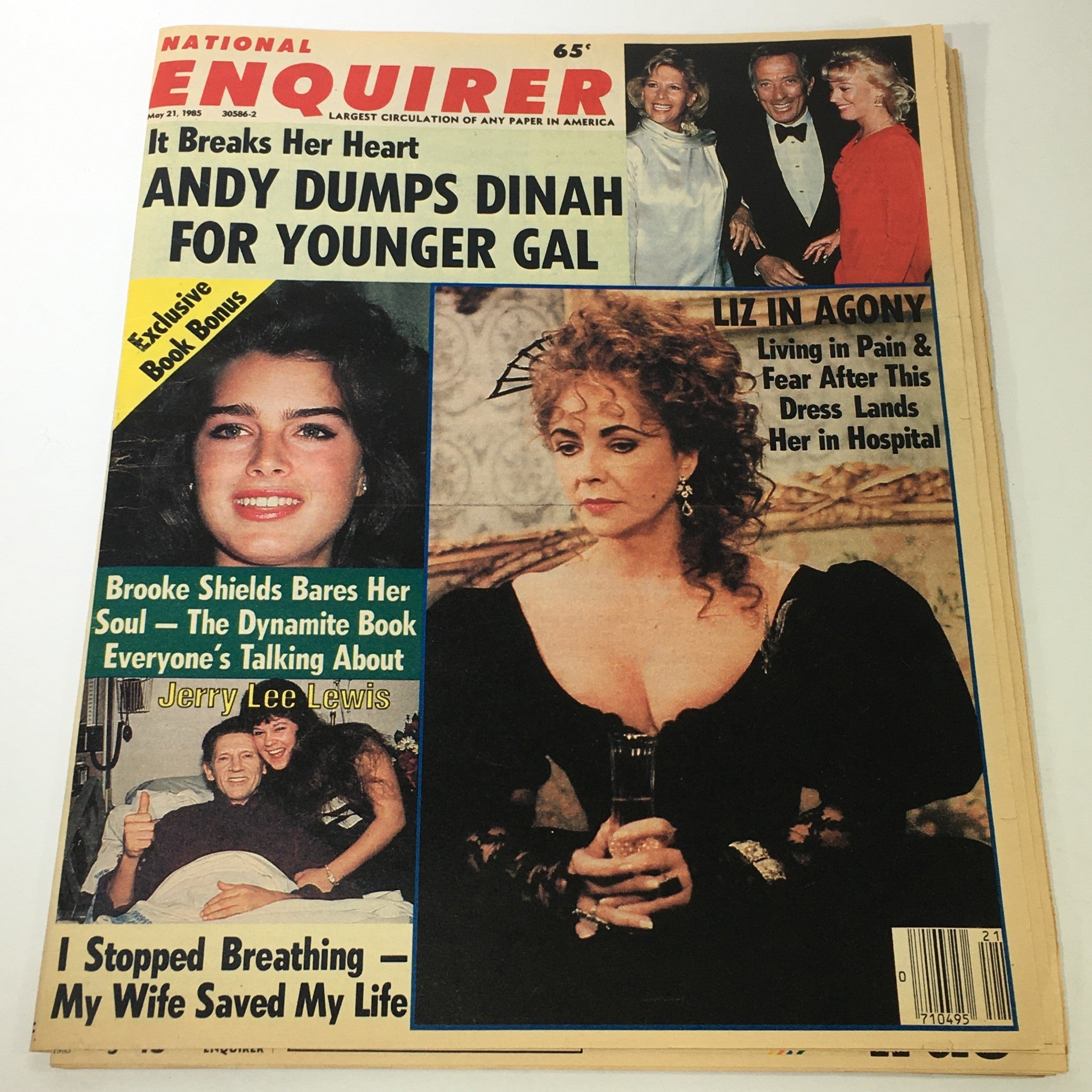 VTG National Enquirer Magazine cover from May 21, 1985 featuring headlines about Liz Taylor and Brooke Shields, including stories on celebrity news and iconic moments from the 1980s.