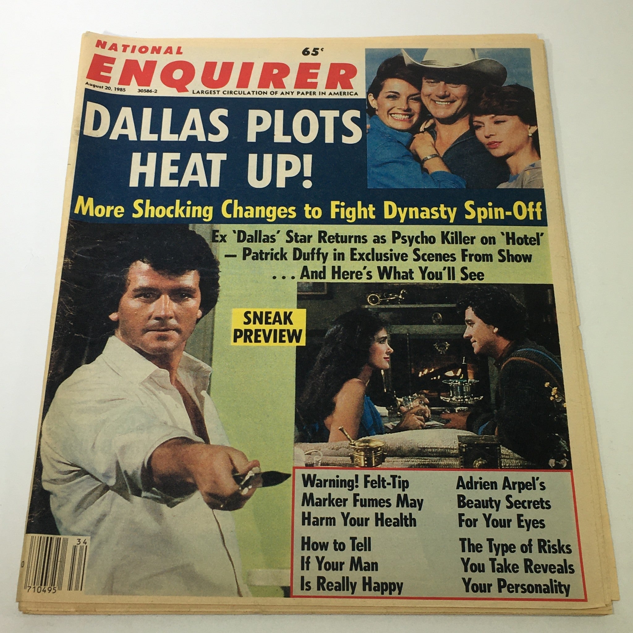 Vintage National Enquirer Magazine cover from August 20, 1985 featuring Patrick Duffy and highlights from the era's pop culture, including exclusive sneak previews and health tips.