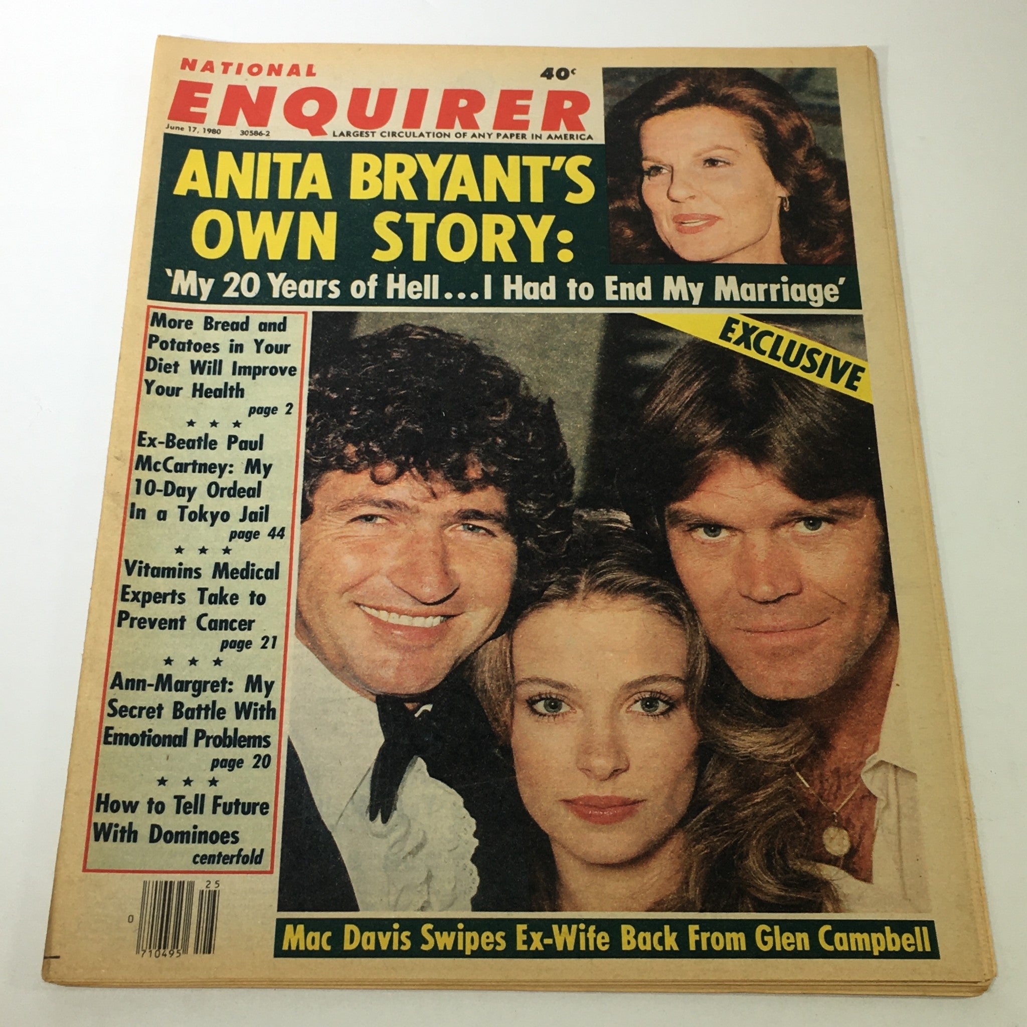 VTG National Enquirer Magazine from June 17, 1980, featuring an exclusive story on Anita Bryant and Paul McCartney. The magazine cover highlights captivating headlines alongside images of three individuals, showcasing pop culture references from the 1980s.