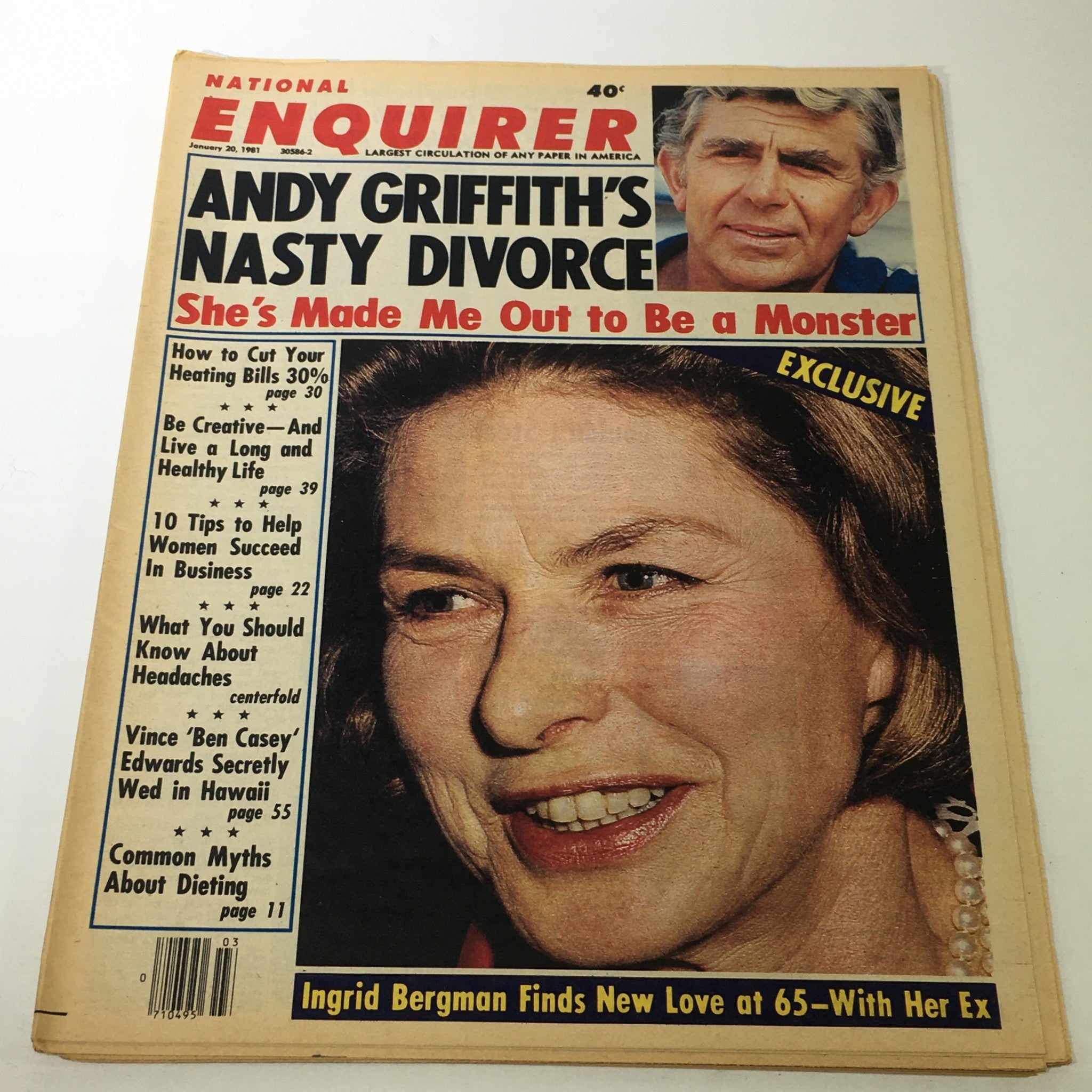 Cover of the National Enquirer Magazine from January 20, 1981, featuring Andy Griffith and Ingrid Bergman, showcasing a headline about Griffith's divorce and stories related to health and lifestyle.