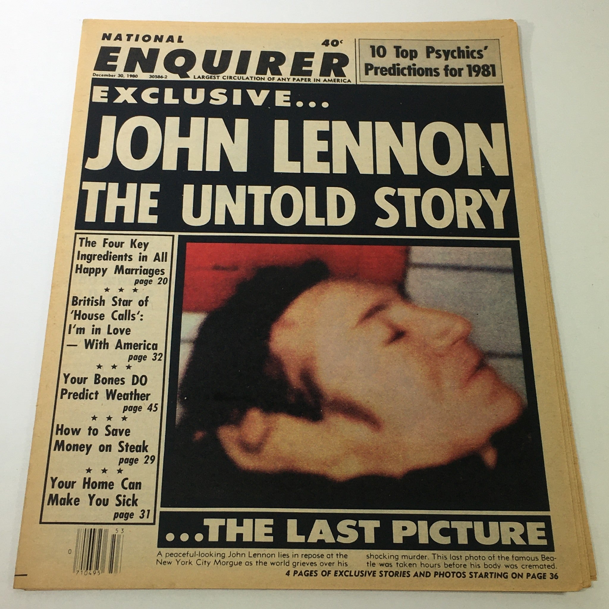 VTG National Enquirer Magazine from December 30, 1980 featuring John Lennon's Last Picture, highlighting articles including the untold story of Lennon, with a focus on his impact on pop culture and history.