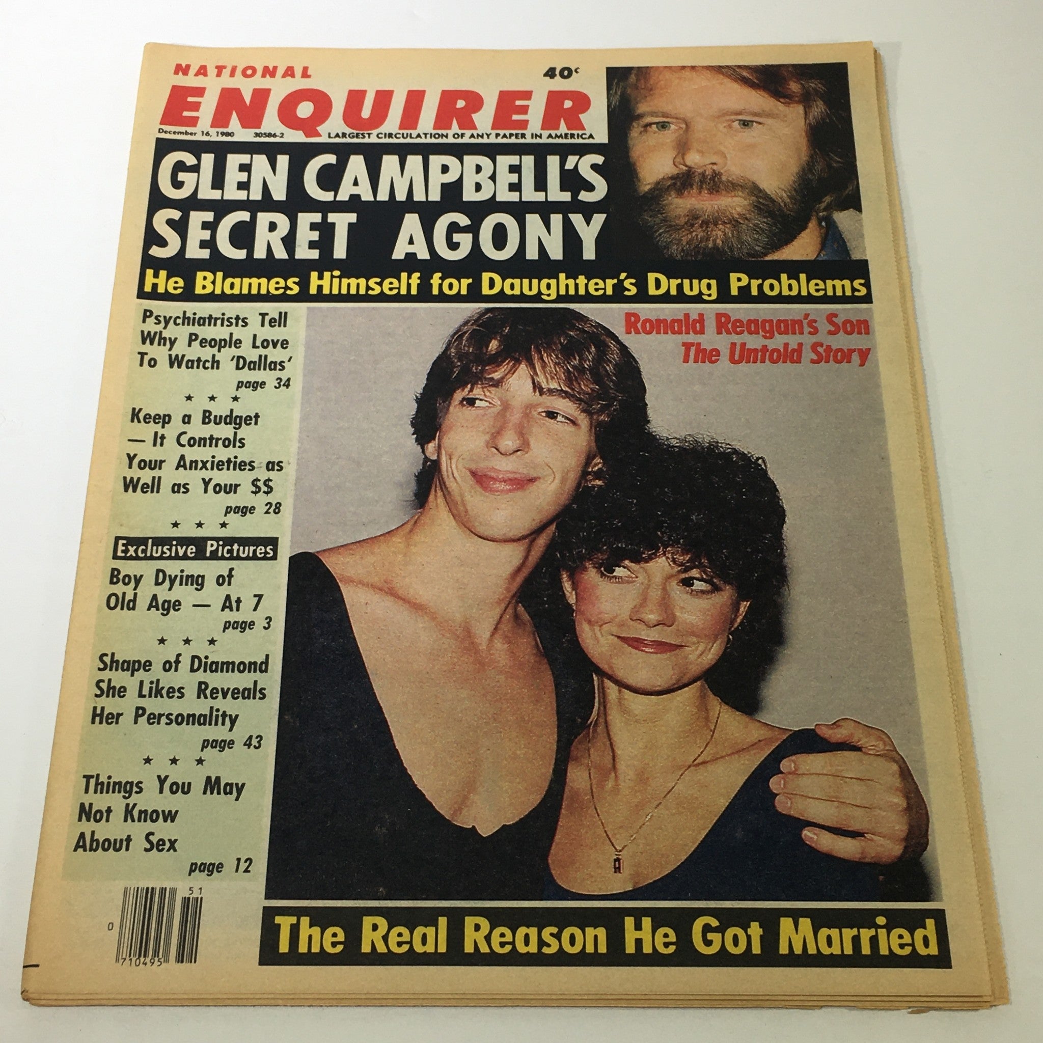 National Enquirer Magazine cover from December 16, 1980 featuring Glen Campbell and Ron Reagan. The article discusses Glen Campbell's personal struggles and includes exclusive stories about celebrities of the time.