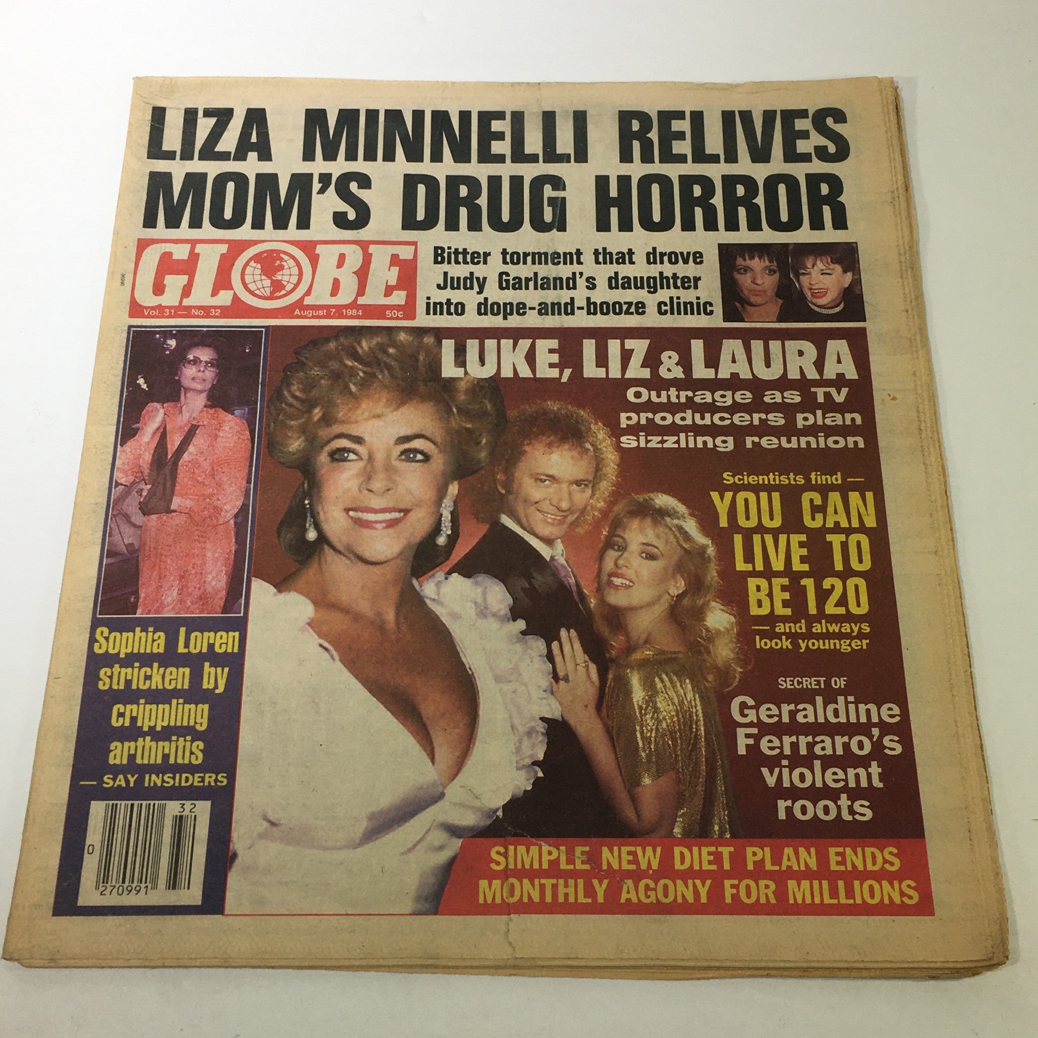 Vintage Globe Magazine cover from August 7, 1984, featuring an article about Liza Minnelli, Luke, Liz & Laura, and Sophia Loren. This collectible issue showcases celebrity stories and cultural insights from the 1980s.