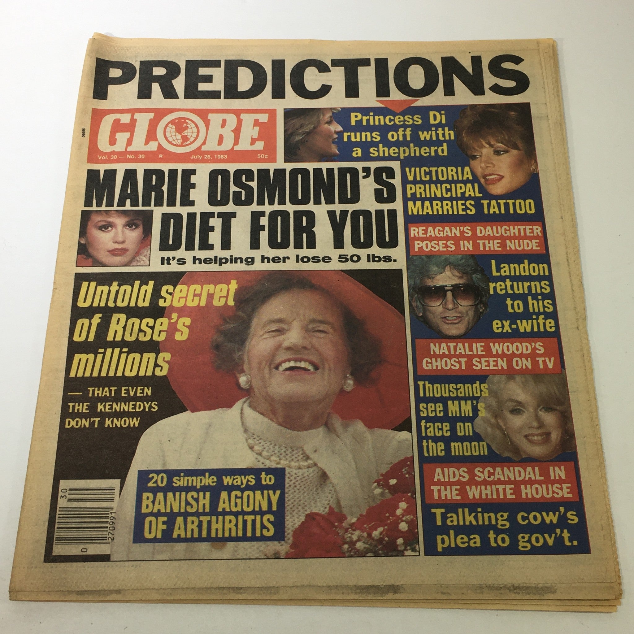 Cover of VTG Globe Magazine July 26, 1983, Vol. 30 #30 featuring Princess Diana, Victoria Principal, and various sensational headlines including Marie Osmond's diet and predictions.