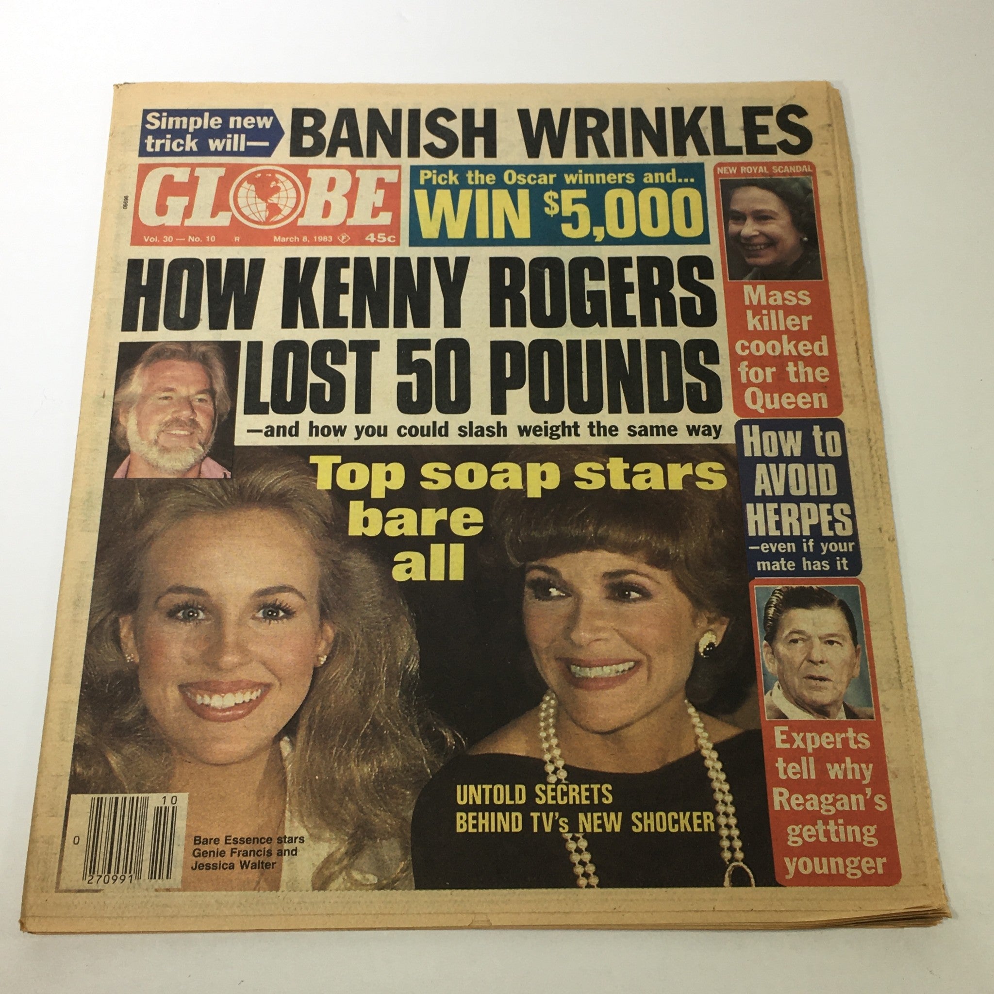 Cover of VTG Globe Magazine March 8 1983 Vol. 30 #10 featuring headlines about Kenny Rogers' weight loss and top soap stars, showcasing vibrant graphics and celebrity features.