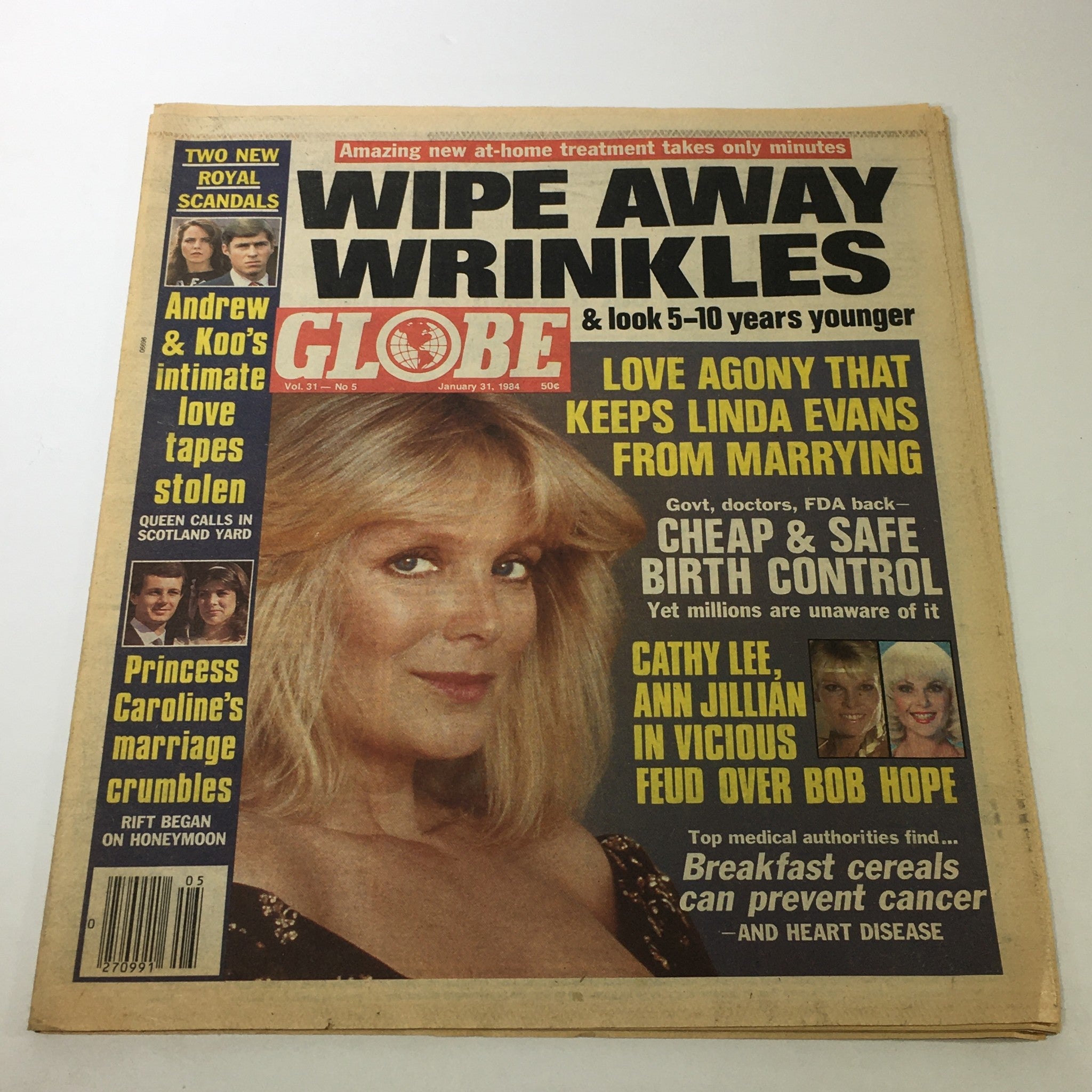 Cover of VTG Globe Magazine January 31, 1984, Vol. 31 #5 featuring Linda Evans and Cathy Lee, highlighting articles on beauty tips, celebrity gossip, and health advice.