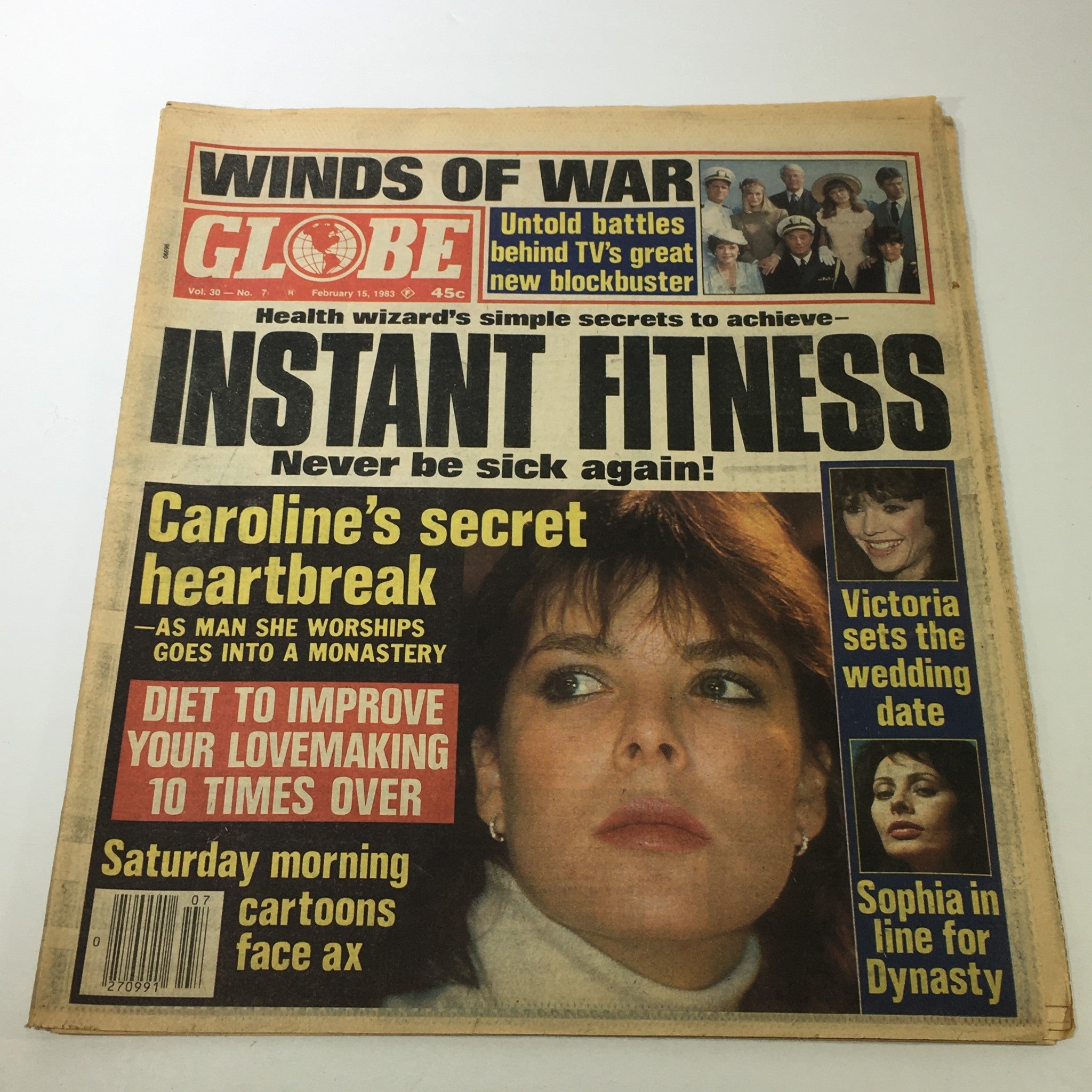 Cover of VTG Globe Magazine February 15 1983 Vol. 30 #7 featuring headlines about Caroline's heartbreak, Victoria's wedding date, and Sophia's role in Dynasty, showcasing early 80s pop culture.