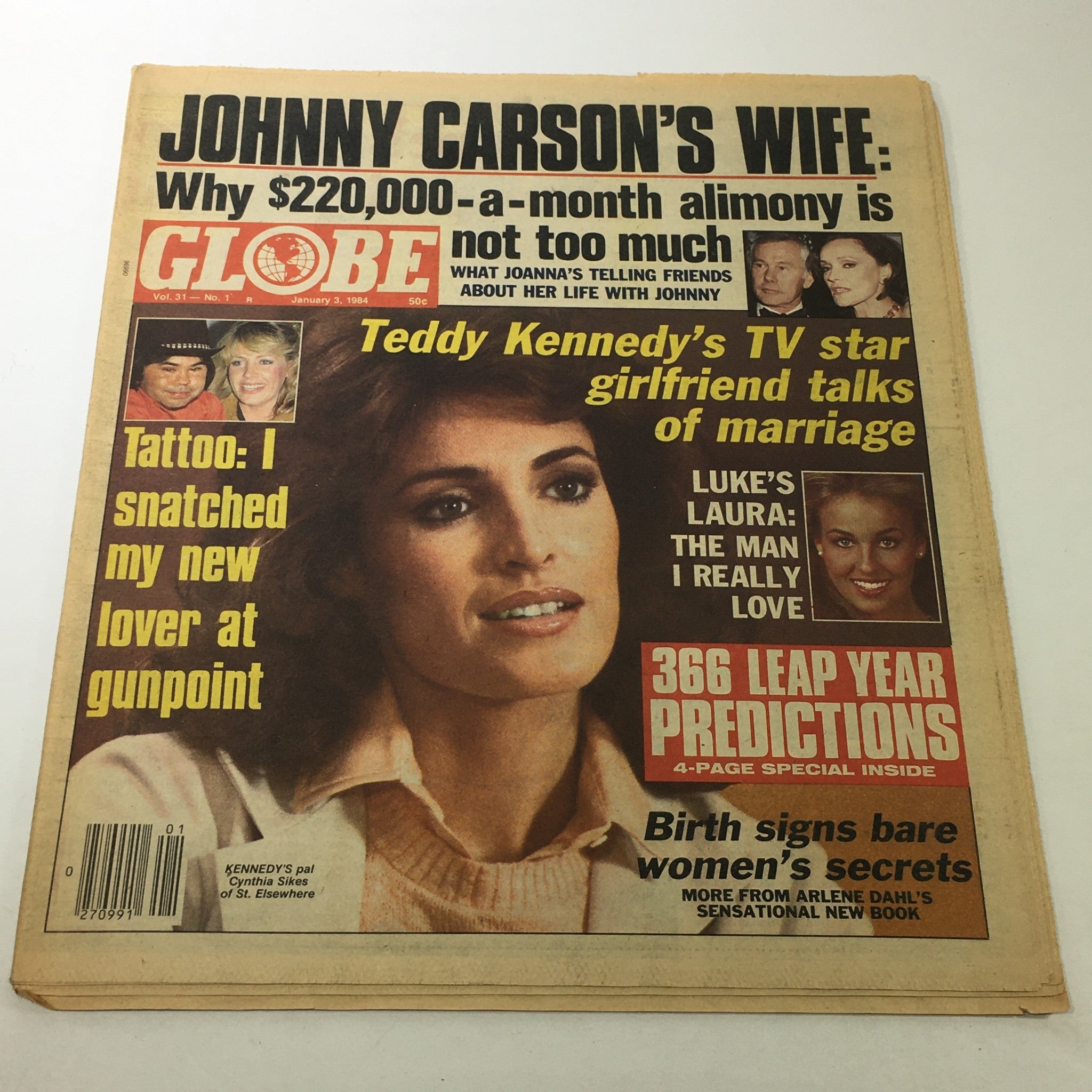 Vintage Globe Magazine January 3, 1984, Vol. 31 #1 featuring Teddy Kennedy and Cynthia Sikes on the cover with headlines about celebrity news and predictions.