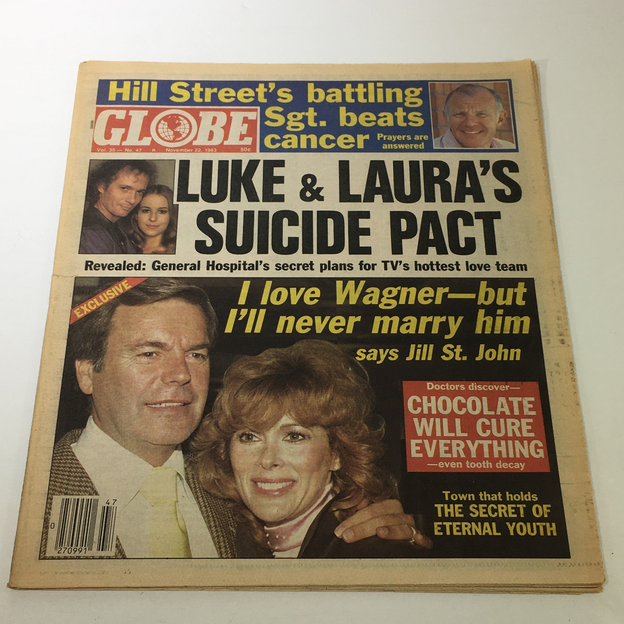 Cover of Globe Magazine, November 22, 1983, Volume 30 #47, featuring Luke and Laura's suicide pact, exclusive revelations on General Hospital's hottest couple, and Jill St. John's statement on love. The magazine highlights cultural phenomena from the early '80s soap opera era.