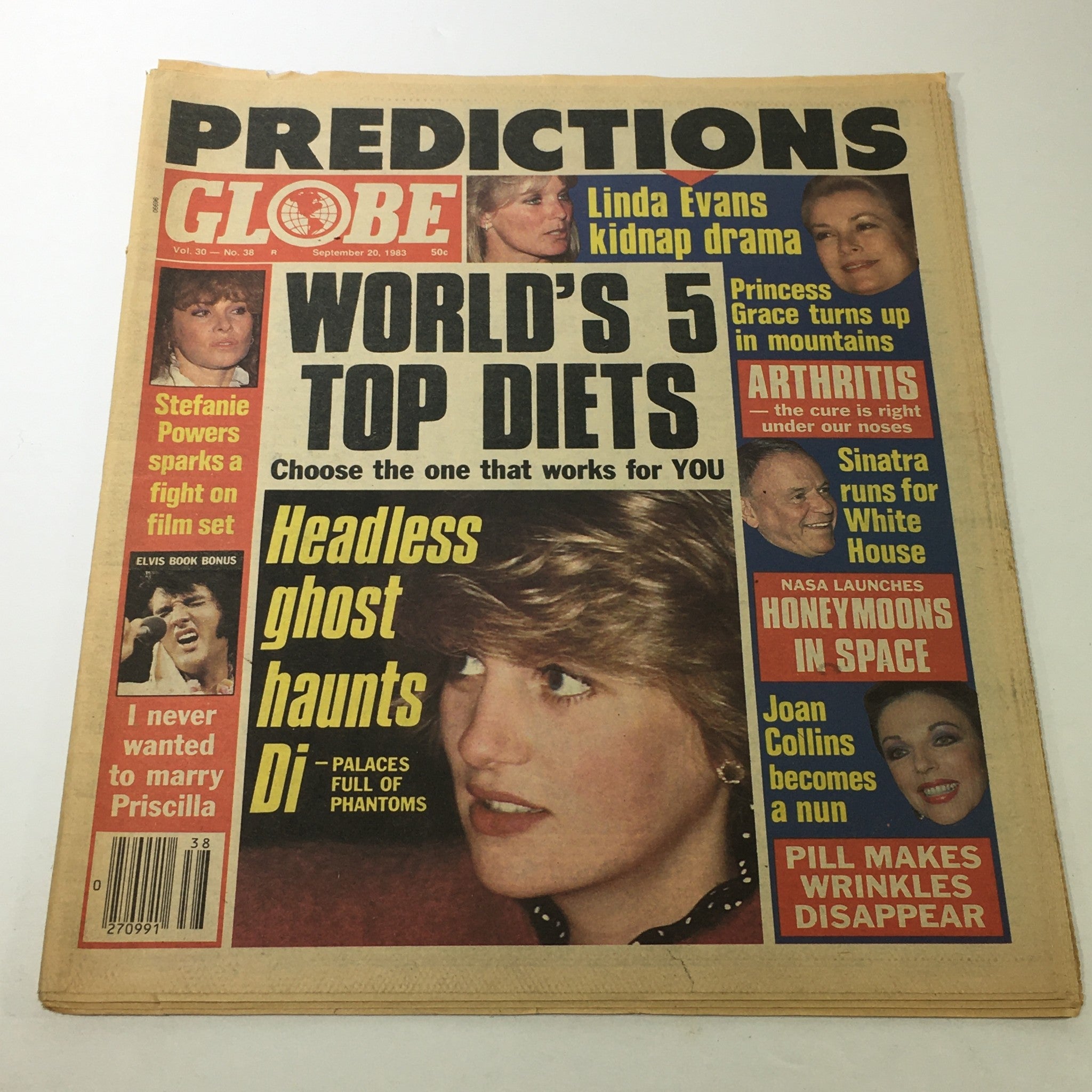 VTG Globe Magazine September 30 1983 Vol. 30 #38 featuring headlines about Linda Evans, Princess Grace, and Stefanie Powers, alongside predictions and diet tips.