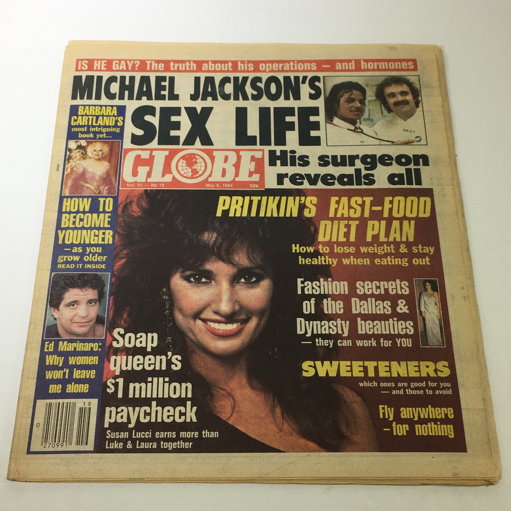 Cover of the VTG Globe Magazine dated May 8, 1984, featuring Susan Lucci and Ed Marinaro. The magazine highlights major stories of the era, including a feature on Michael Jackson, a diet plan, and discusses Ed Marinaro's career.