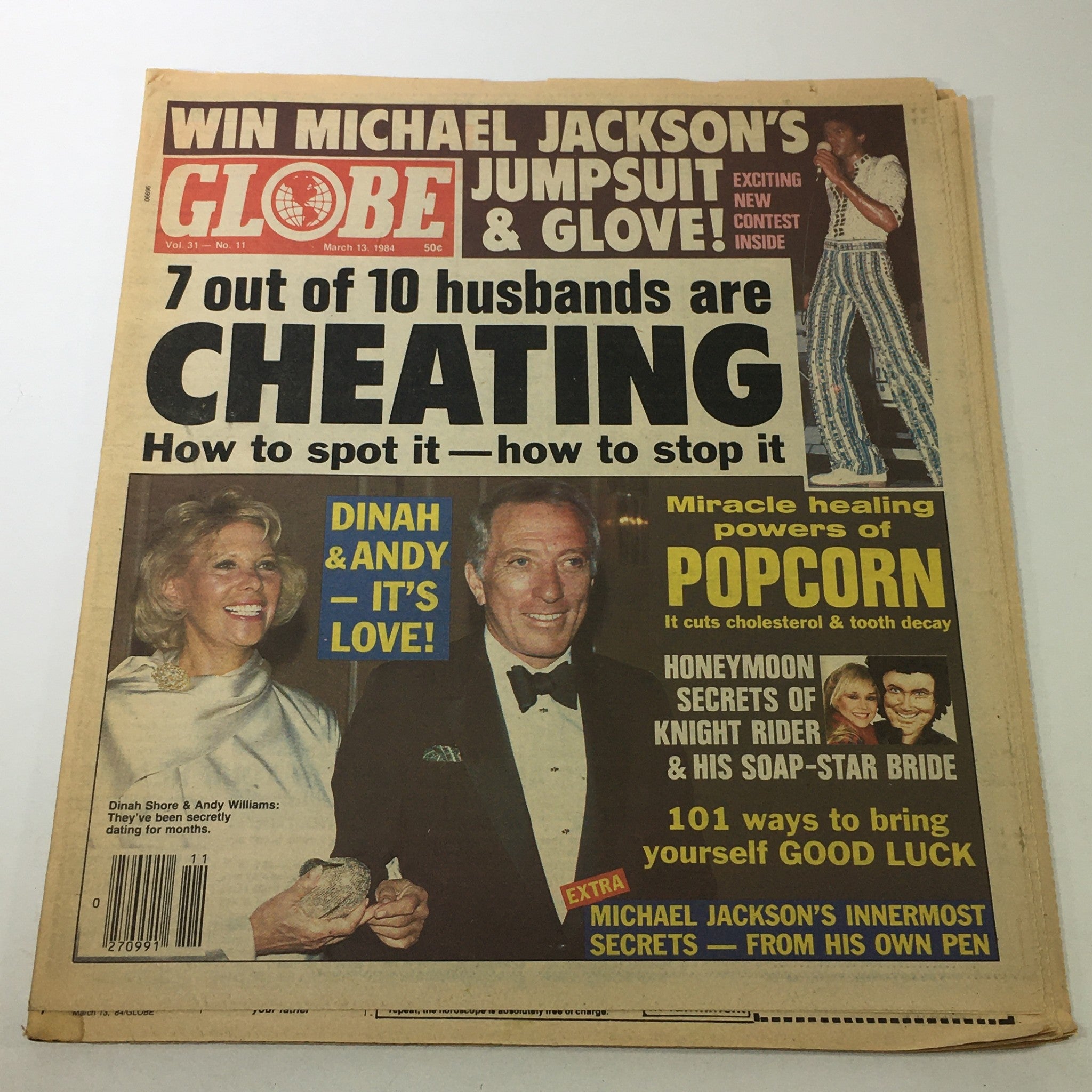 Cover of VTG Globe Magazine March 13 1984 Vol. 31 #11 featuring Dinah Shore and Andy Williams, highlighting articles about relationships and various entertainment topics.