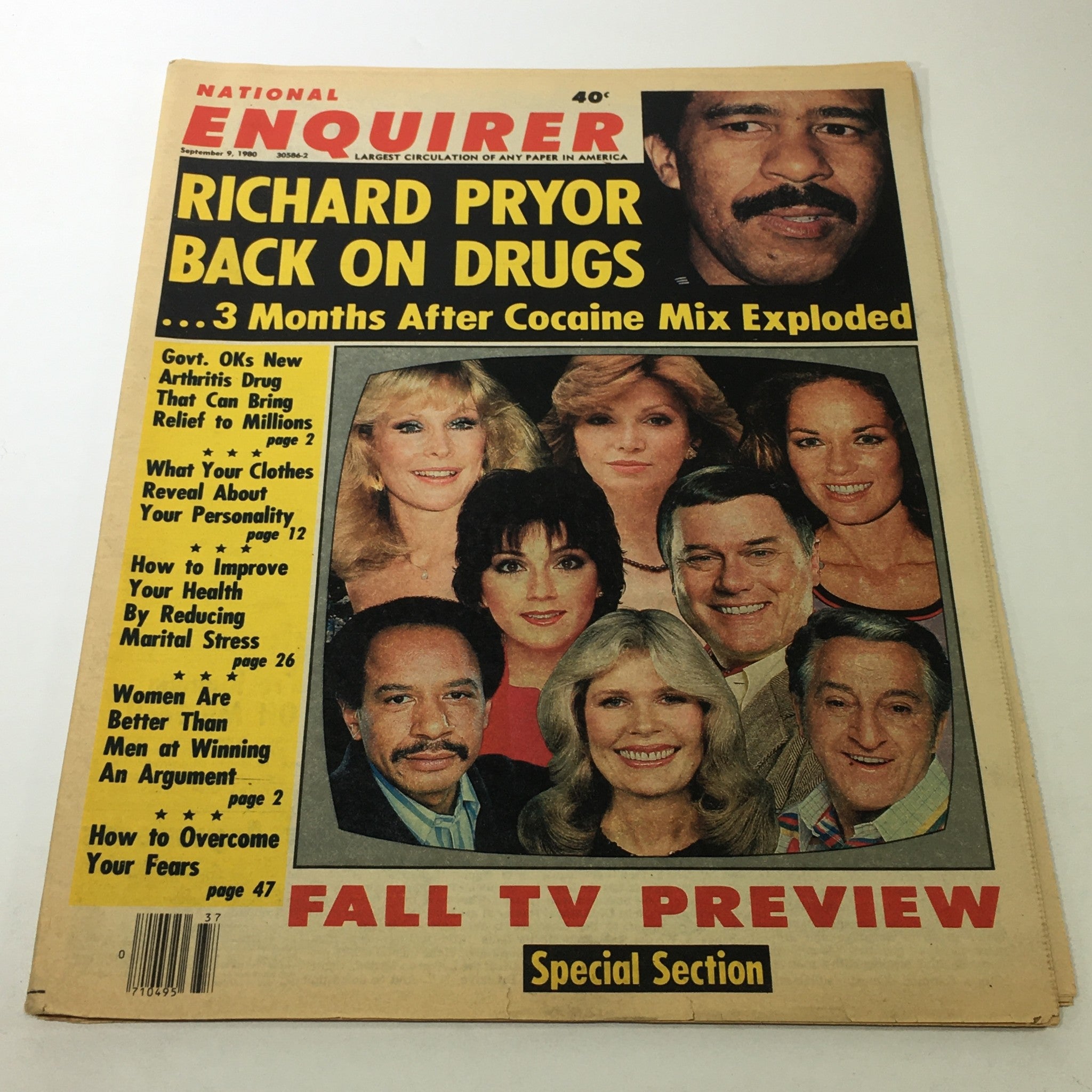 Vintage National Enquirer Magazine from September 9, 1980, featuring Richard Pryor on the cover with the headline 'Richard Pryor Back On Drugs' and images of various celebrities, showcasing pop culture history and sensational journalism from the era.