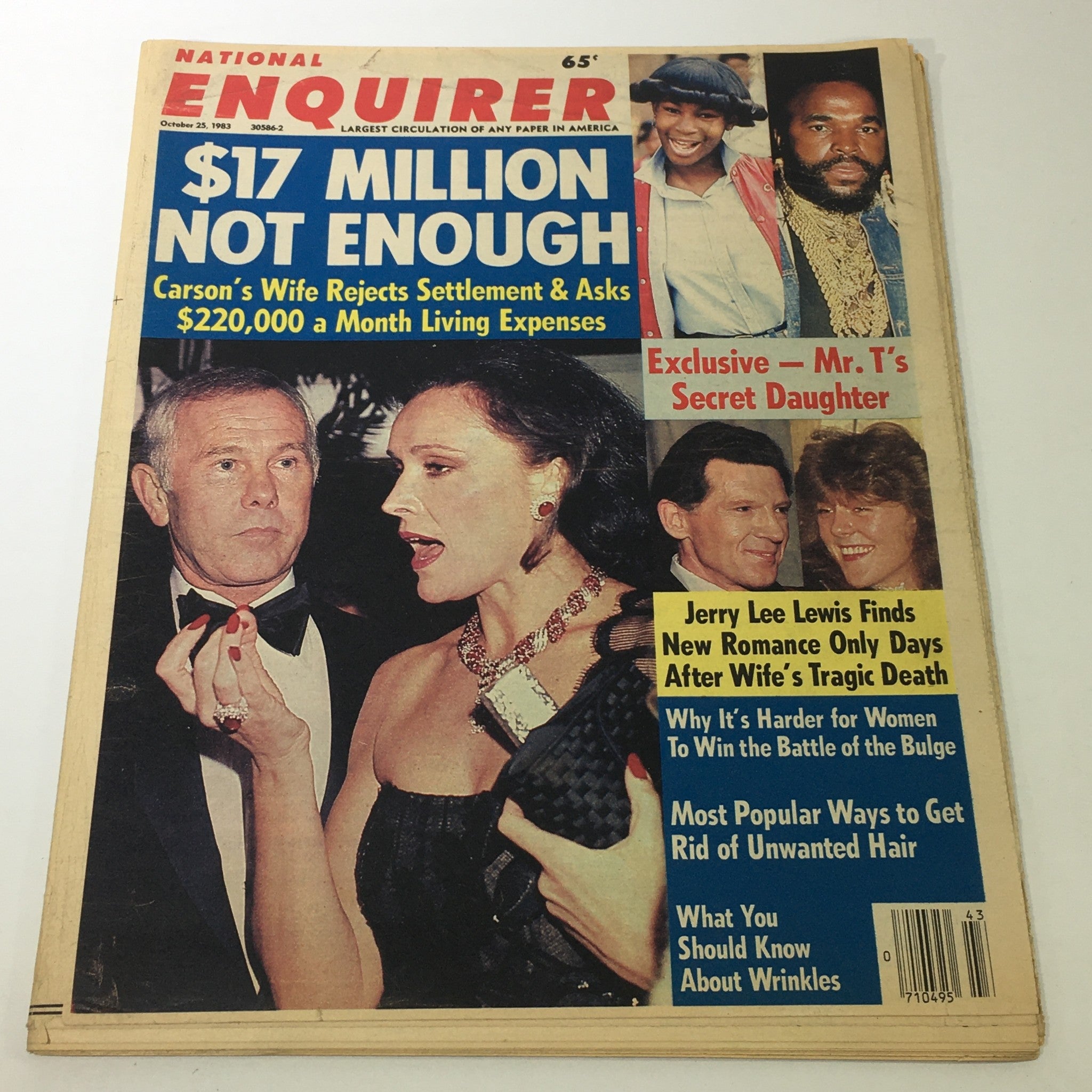 Vintage National Enquirer Magazine cover from October 25, 1983 featuring headlines about Mr. T's daughter and Jerry Lee Lewis, with notable celebrity images and stories related to living expenses and health tips.