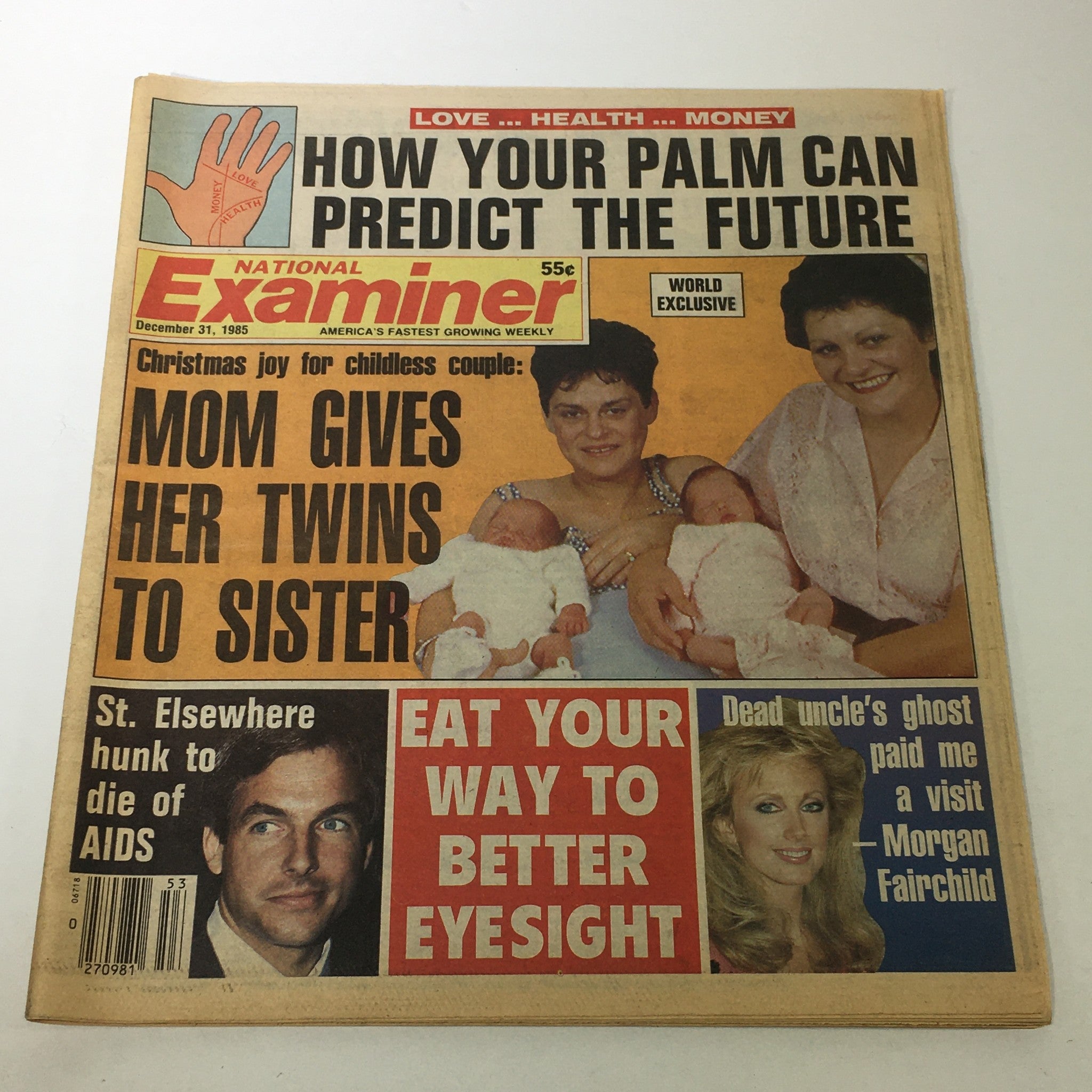 VTG National Examiner Magazine December 31, 1985 featuring Morgan Fairchild and twin babies on the cover, showcasing engaging mid-1980s cultural and celebrity content.