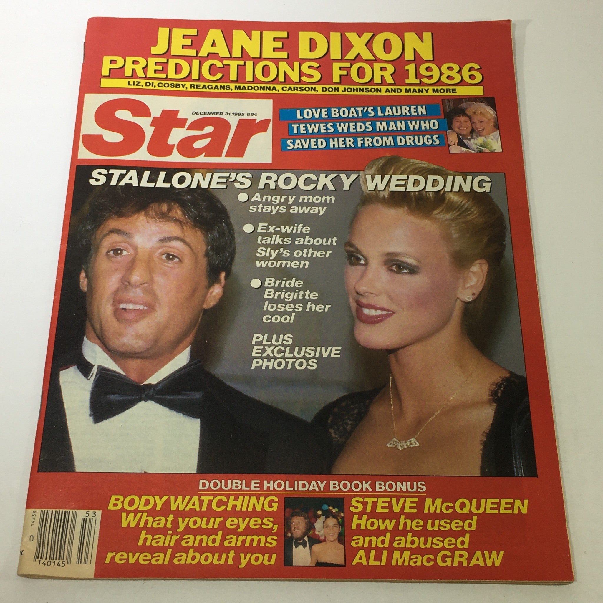 Cover of Star Tabloid Magazine December 31 1985 featuring Sylvester Stallone and Brigitte Nielsen, highlighting exclusive wedding details and predictions by Jeane Dixon.
