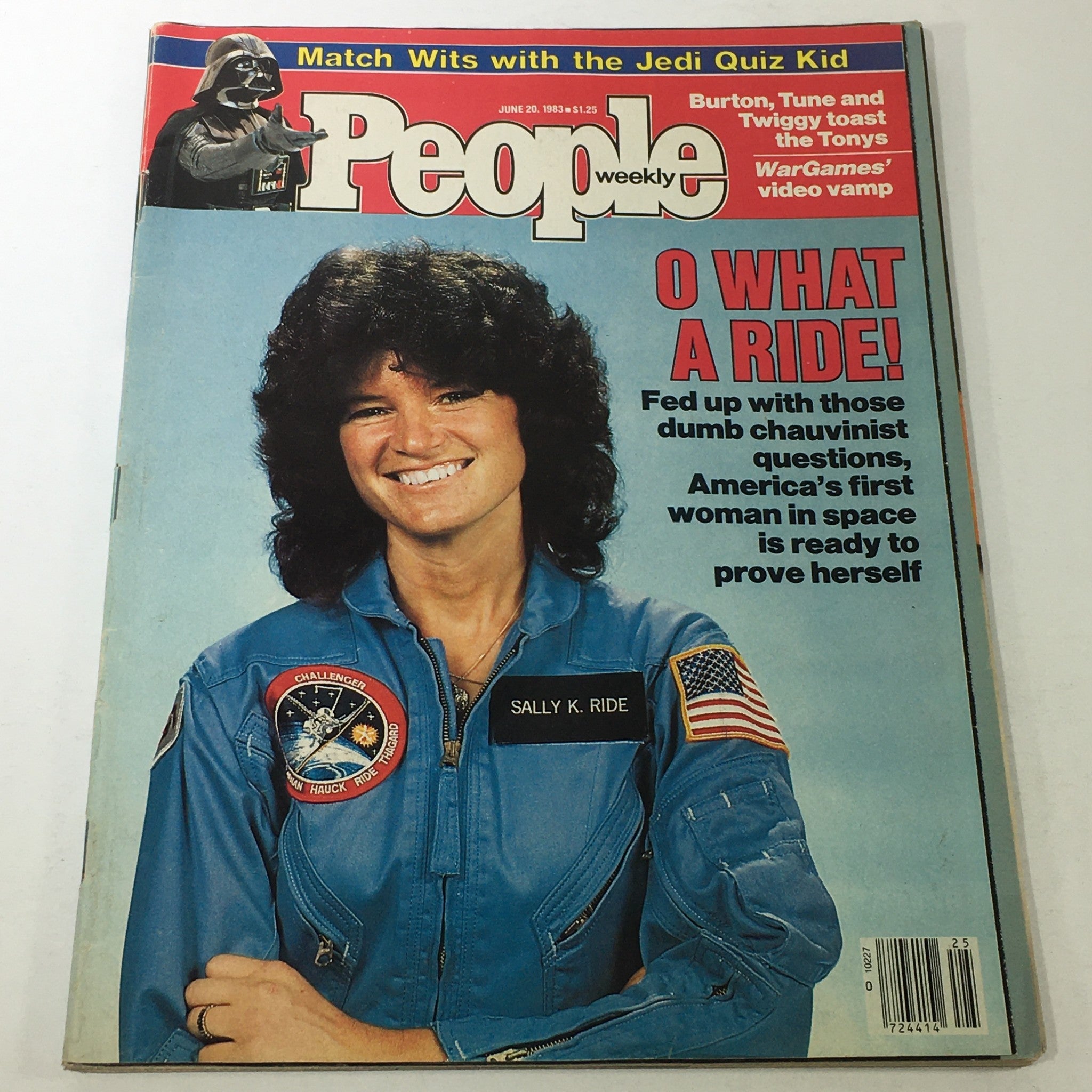 Vintage People Weekly Magazine cover from June 20, 1983 featuring Sally K. Ride in a blue astronaut suit, highlighting her as America's first woman in space with the bold title 'O What a Ride!'. The magazine reflects significant cultural achievements of the early 80s.