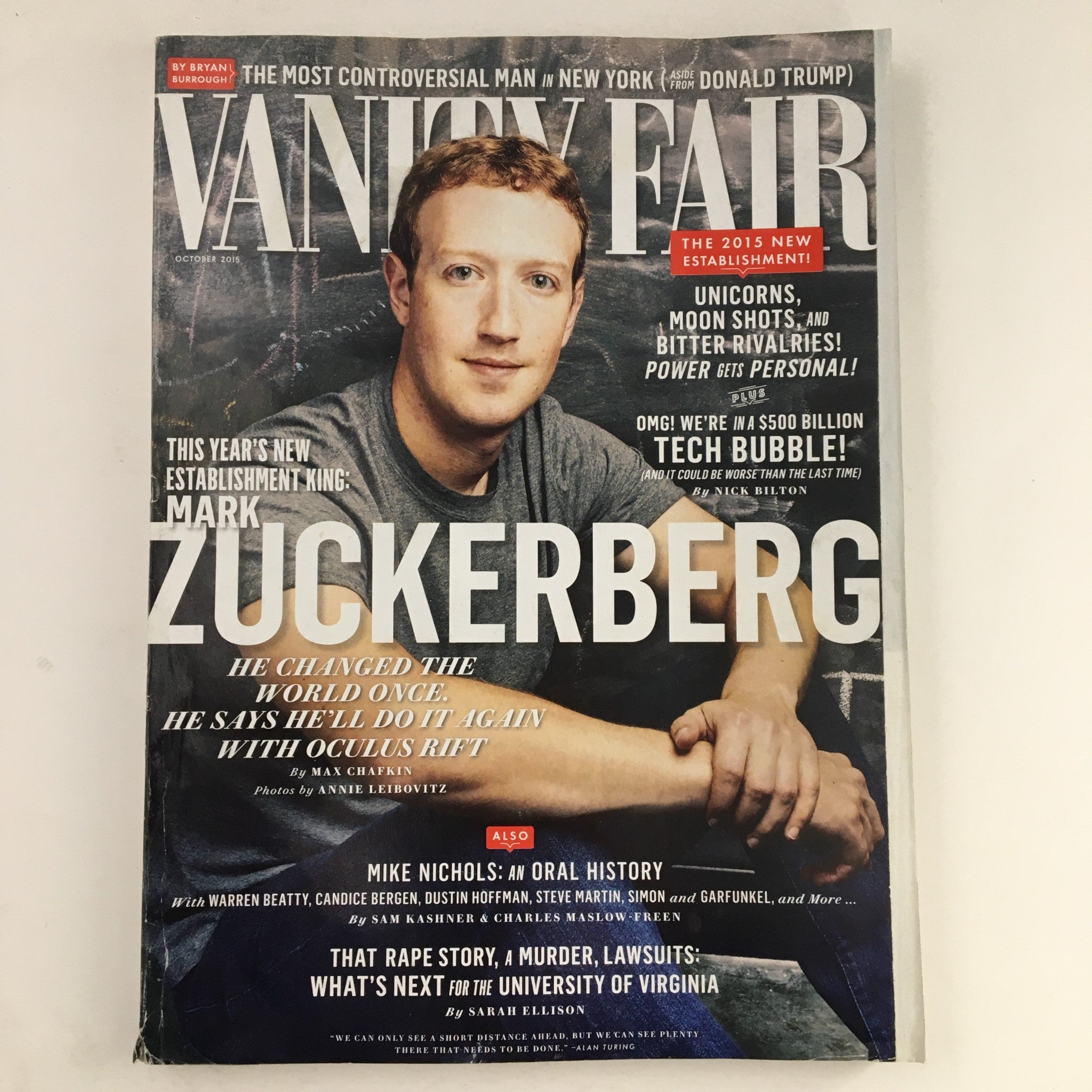 Vanity Fair Magazine October 2015 Facebook's Mark Zuckerberg, No Label