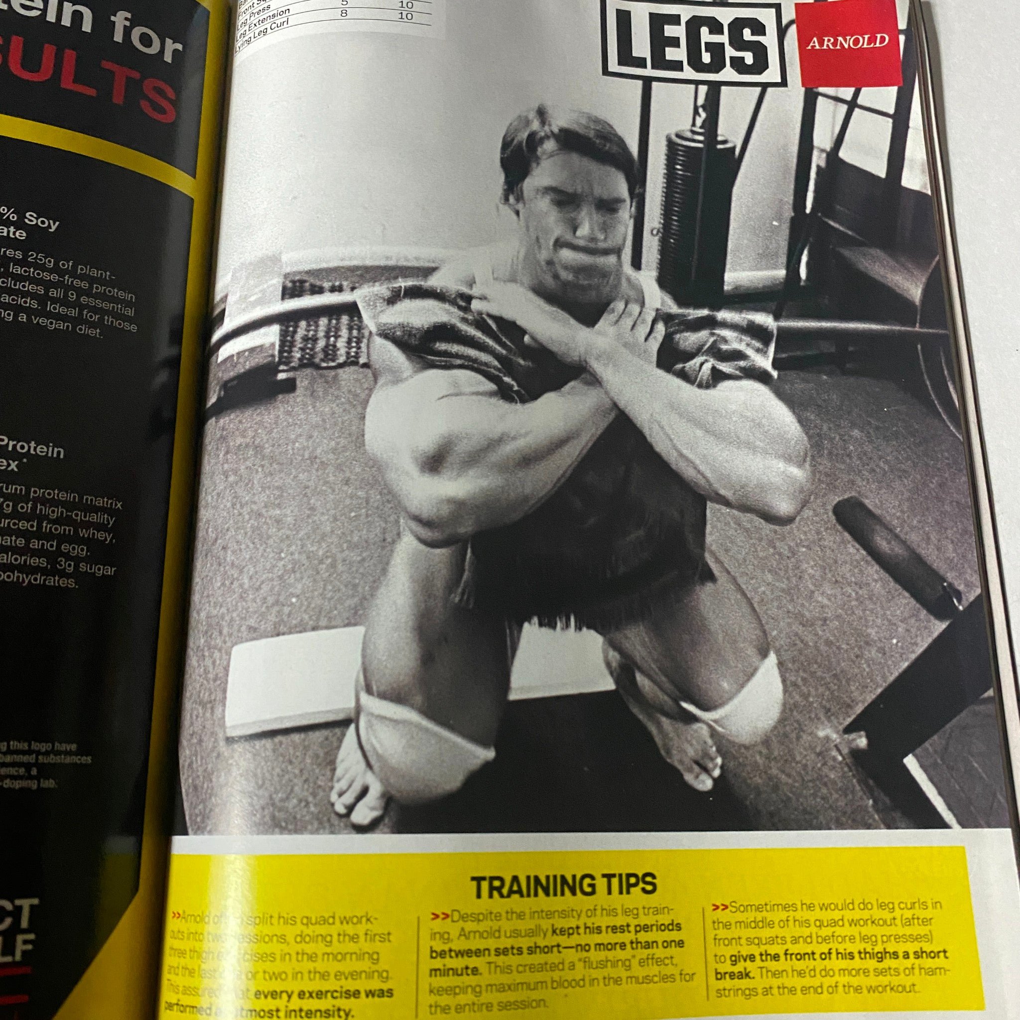 Muscle & Fitness Magazine February 2013 featuring Arnold Schwarzenegger demonstrating leg exercises. The image showcases Arnold in a classic bodybuilding pose with a focus on leg training, accompanied by training tips. Perfect for collectors and fitness enthusiasts.