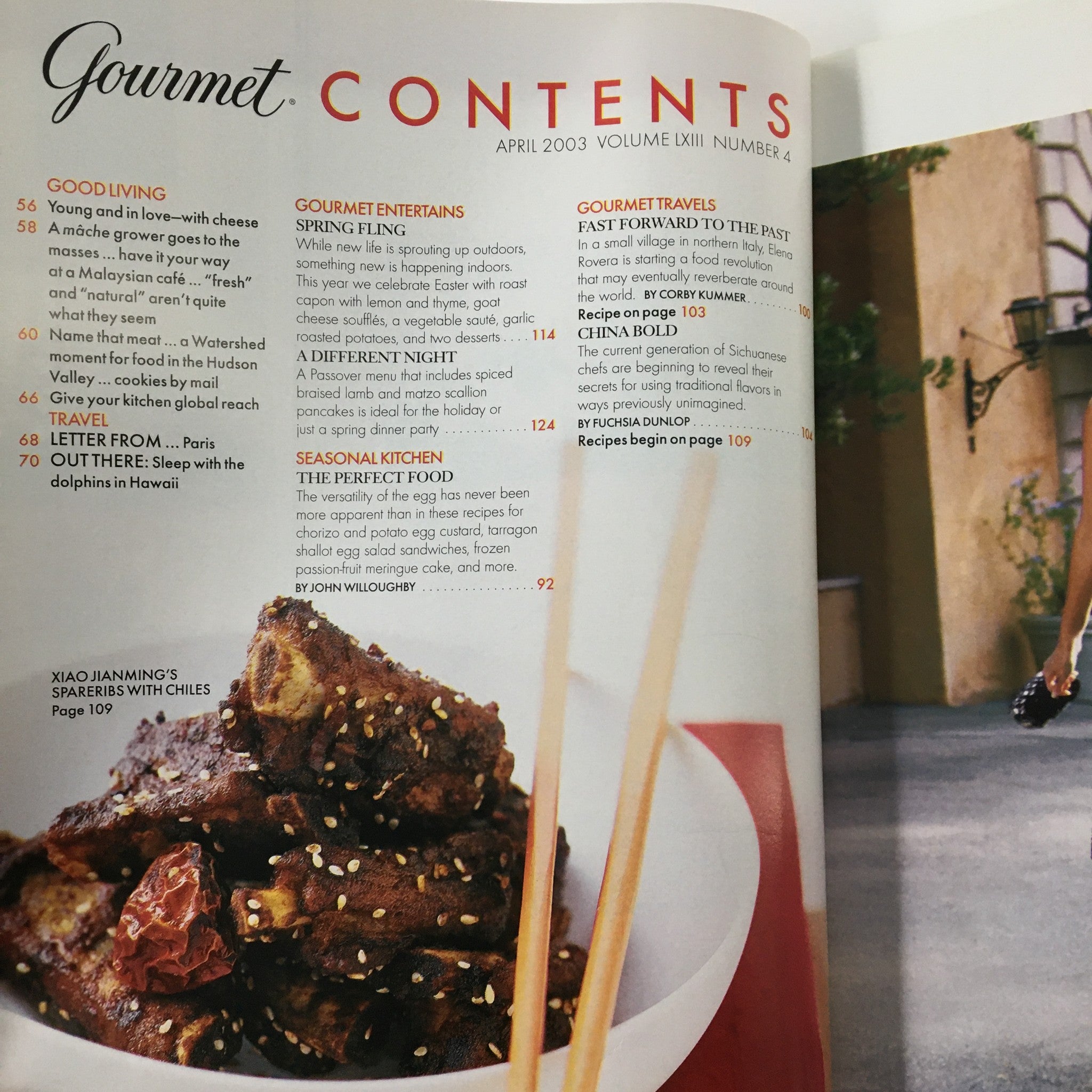 Gourmet Magazine April 2003 issue, showcasing the contents page featuring Sichuanese cuisine, including recipe highlights and chef interviews.