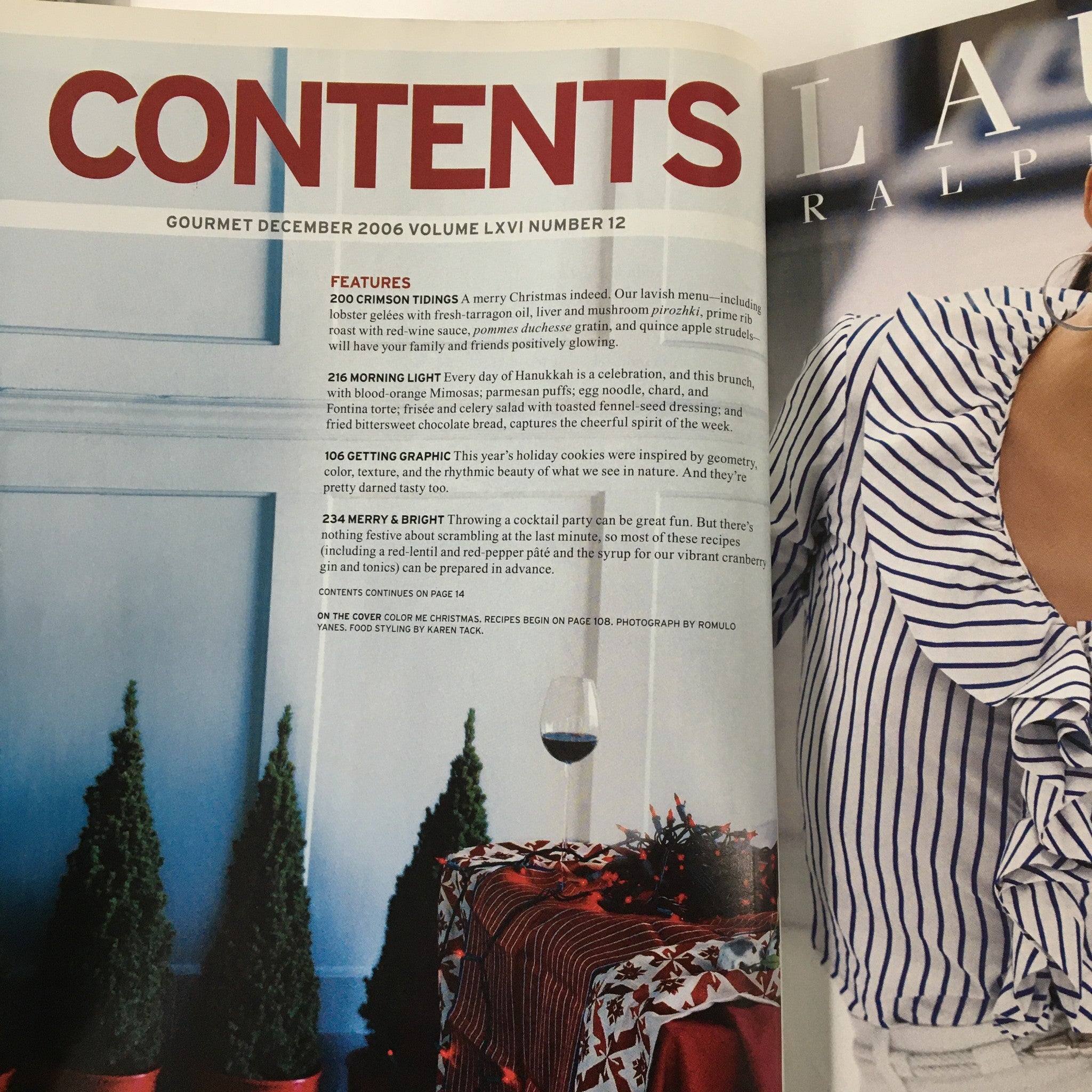 Contents page of Gourmet Magazine December 2006, showcasing article titles and images related to Christmas culinary delights.
