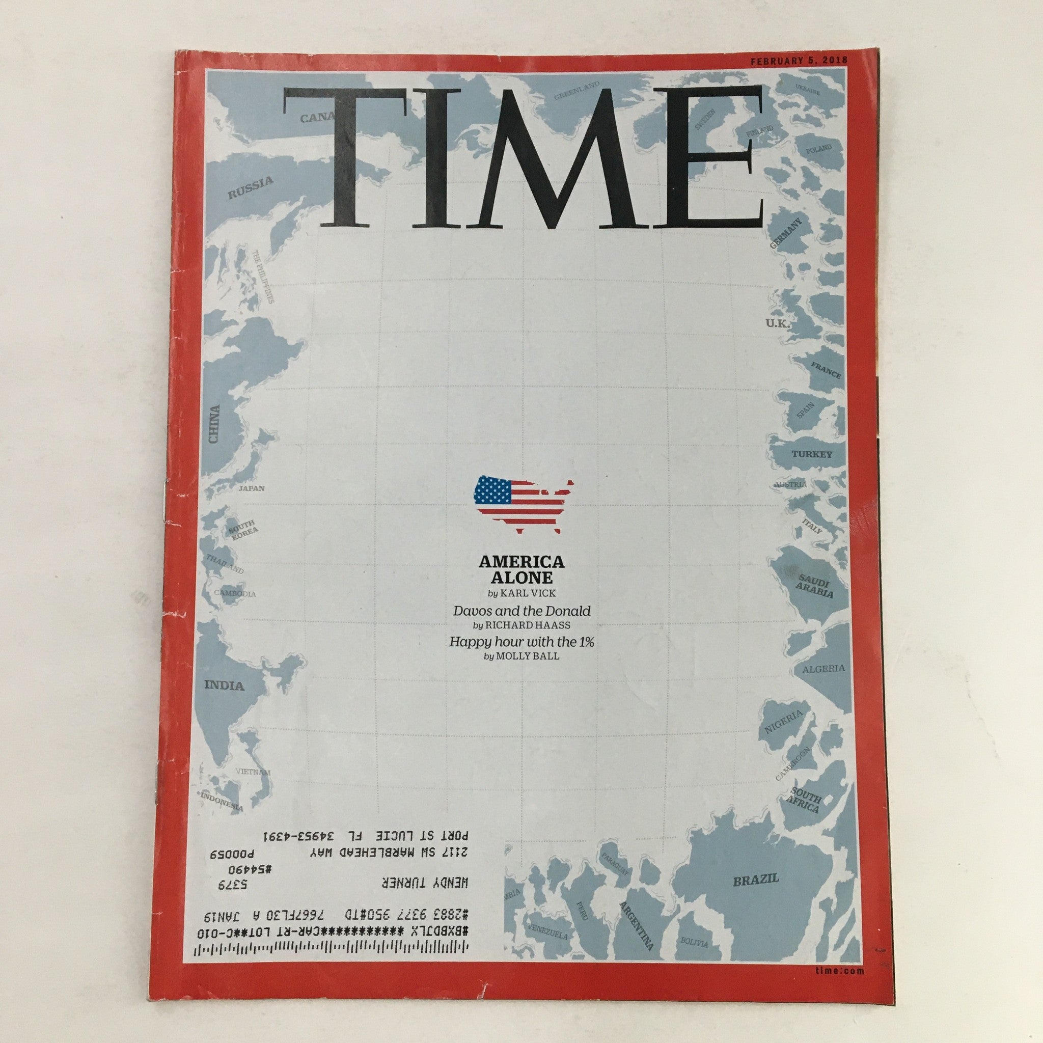 Time Magazine February 5 2018 America Alone by Karl Vick & Davos & Donald Trump