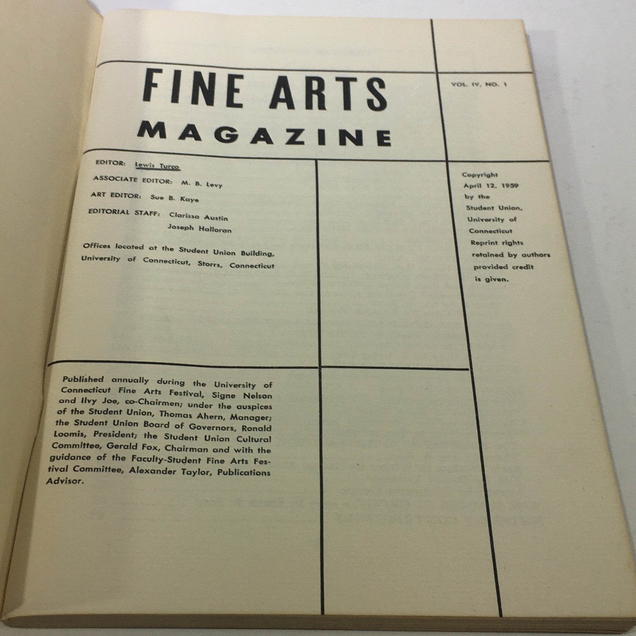 VTG Fine Arts Magazine 1959 - Art Editor Sue B. Kaye - Editor Lewis Turco