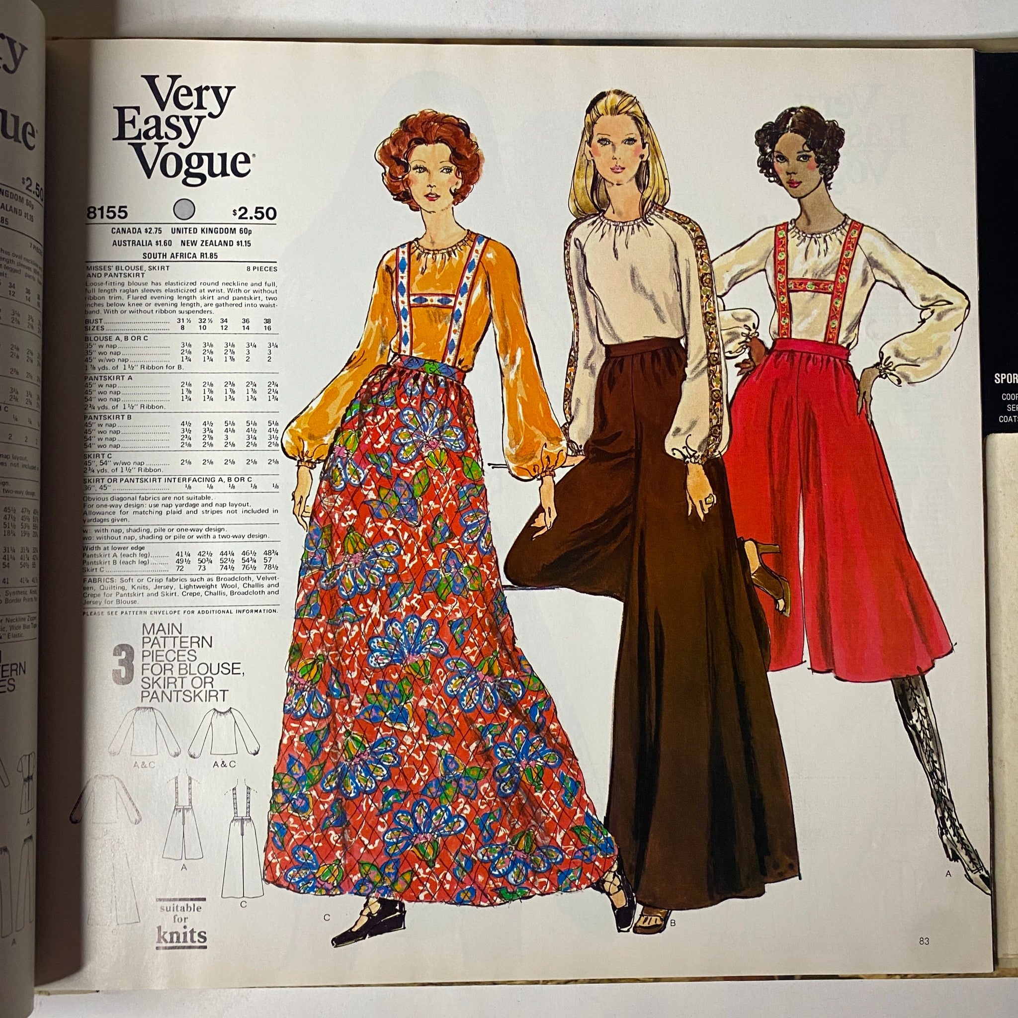 Illustration from the 1972 Vogue Patterns September Catalog showcasing three fashionable designs: colorful flower skirt, long brown skirt, and trendy blouses with unique detailing.