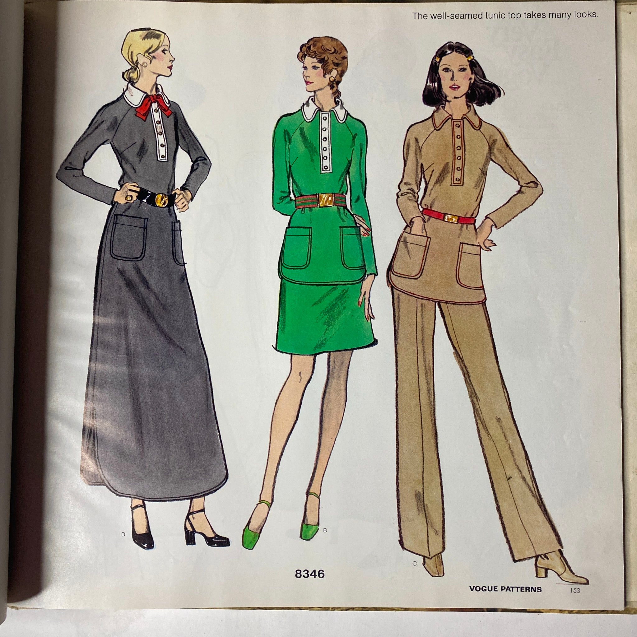 Illustration from the 1972 Vogue Patterns September Catalog displaying three elegant styles featuring a grey dress with pockets, a green button-up dress, and a beige tunic with pants.