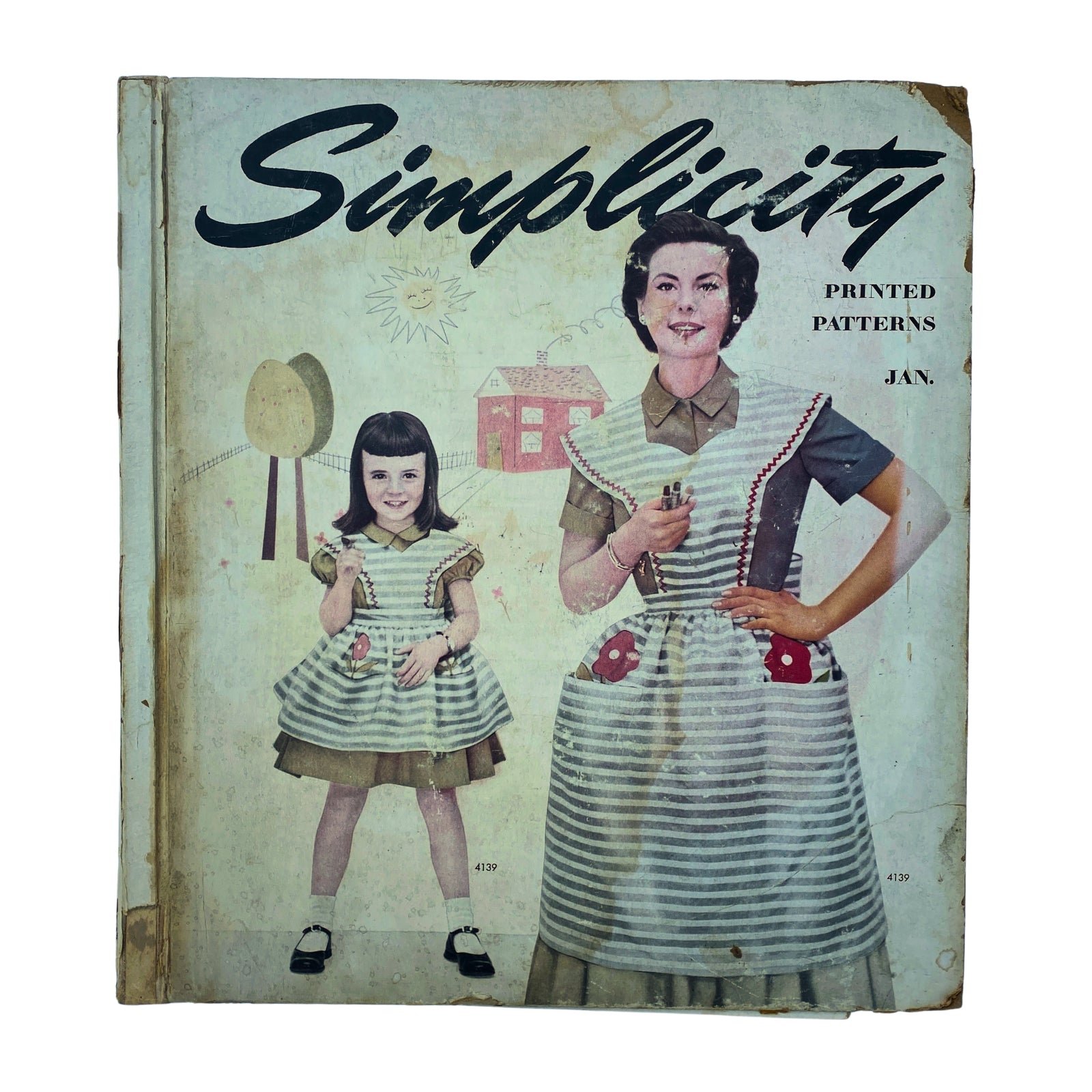 Cover of the Vintage 1952 January Simplicity Sewing Pattern Catalog featuring two women, one adult and one child, both wearing matching striped dresses, showcasing mid-century fashion.