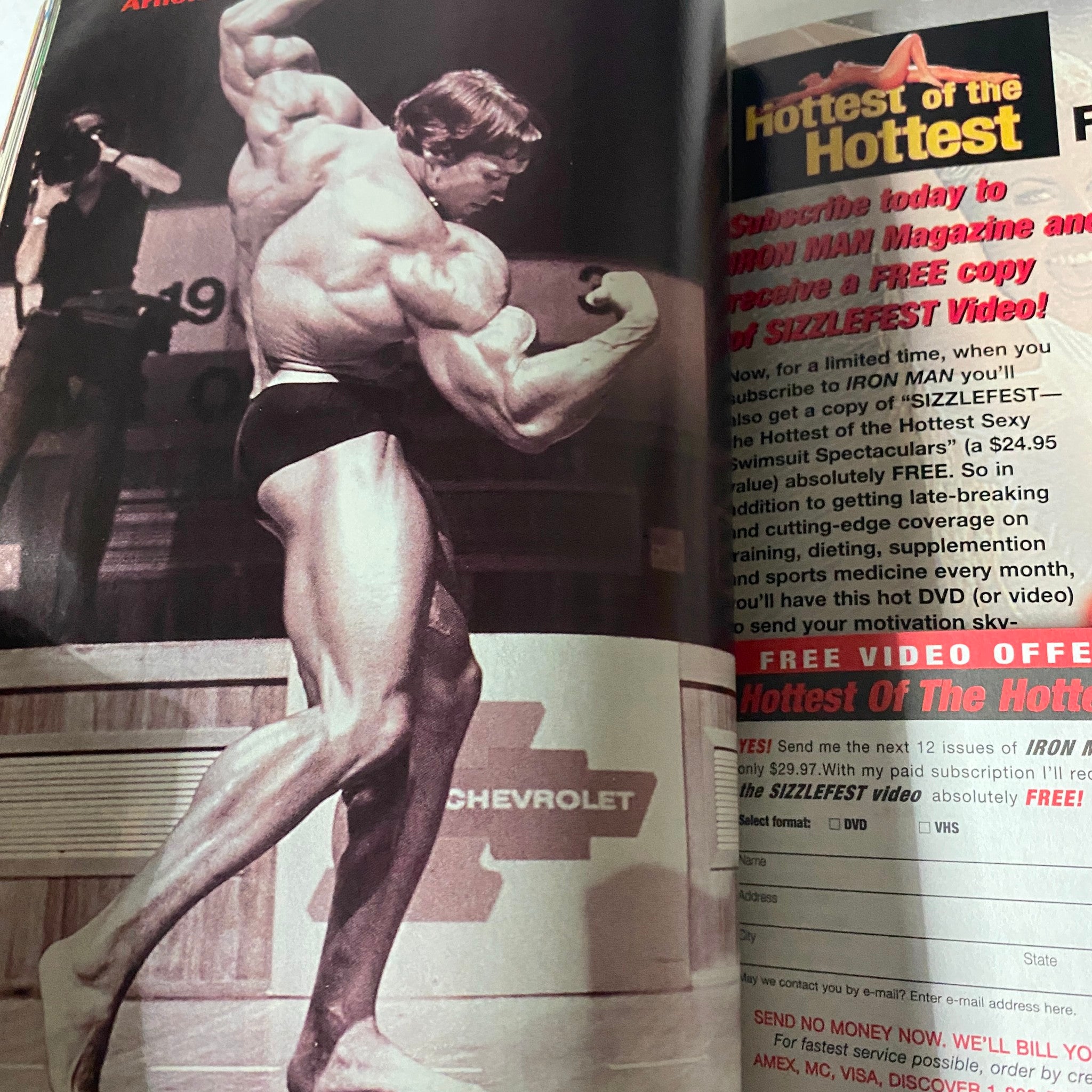 Iron Man Magazine August 2007 displaying Arnold Schwarzenegger flexing his muscles on stage, highlighting the iconic bodybuilding aesthetics of the era.