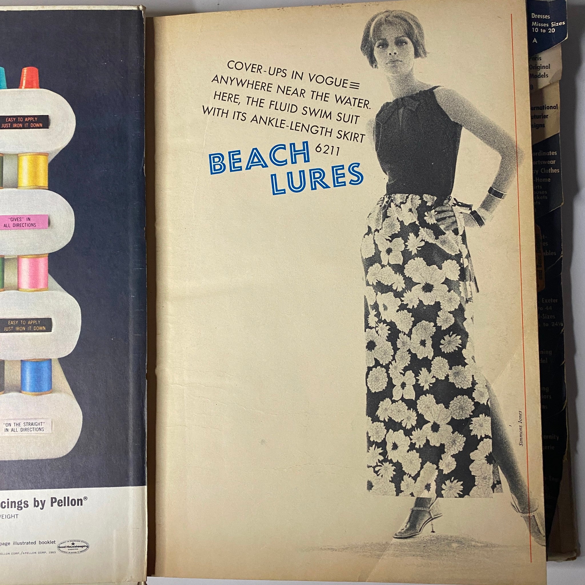Page from the Vogue Patterns June 1964 Catalog displaying a model in a fluid swim suit with an ankle-length skirt while promoting beachwear styles.