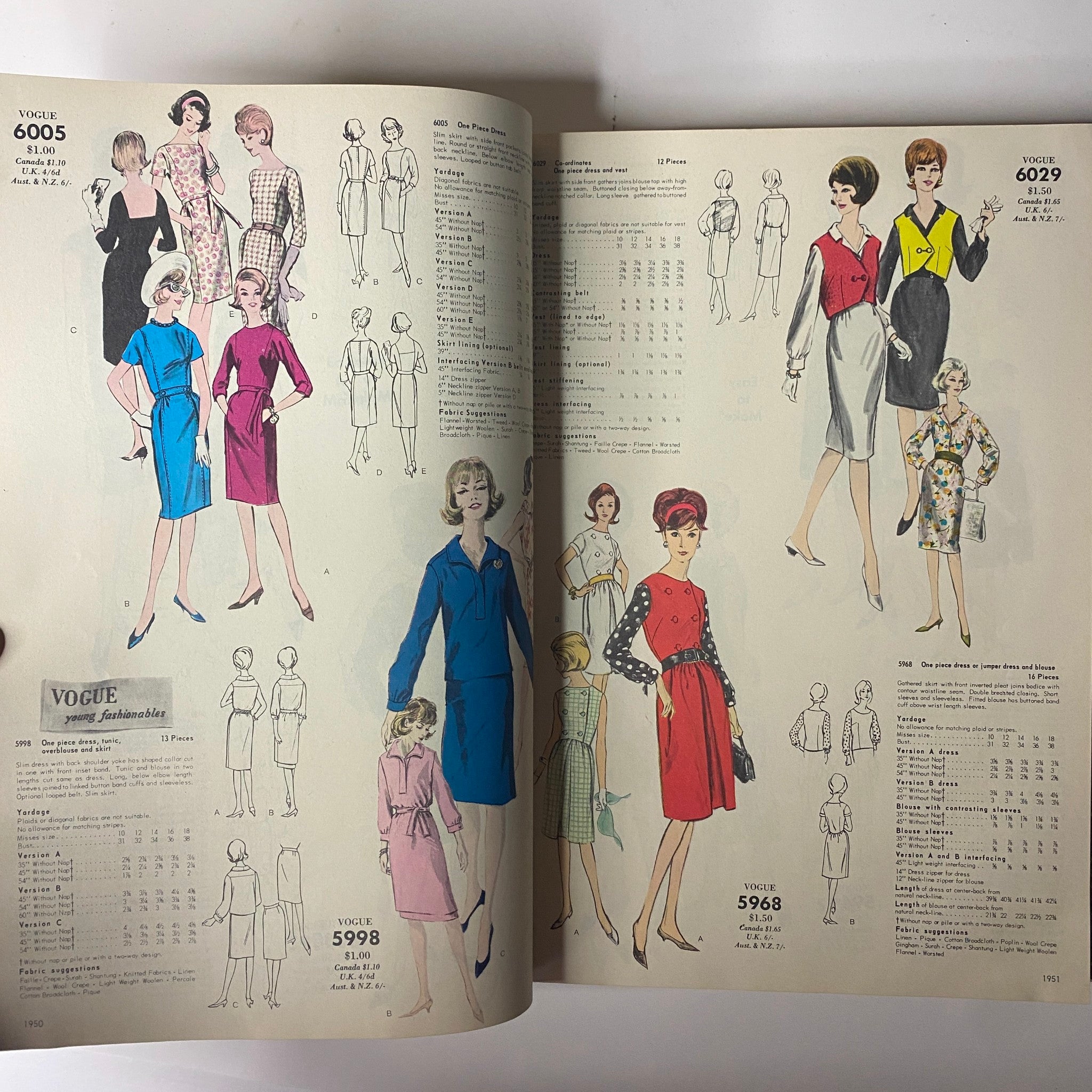 Interior page of the Vogue Patterns June 1964 Catalog showcasing multiple models in classic dresses and outfits, highlighting women's fashion trends from the 1960s.