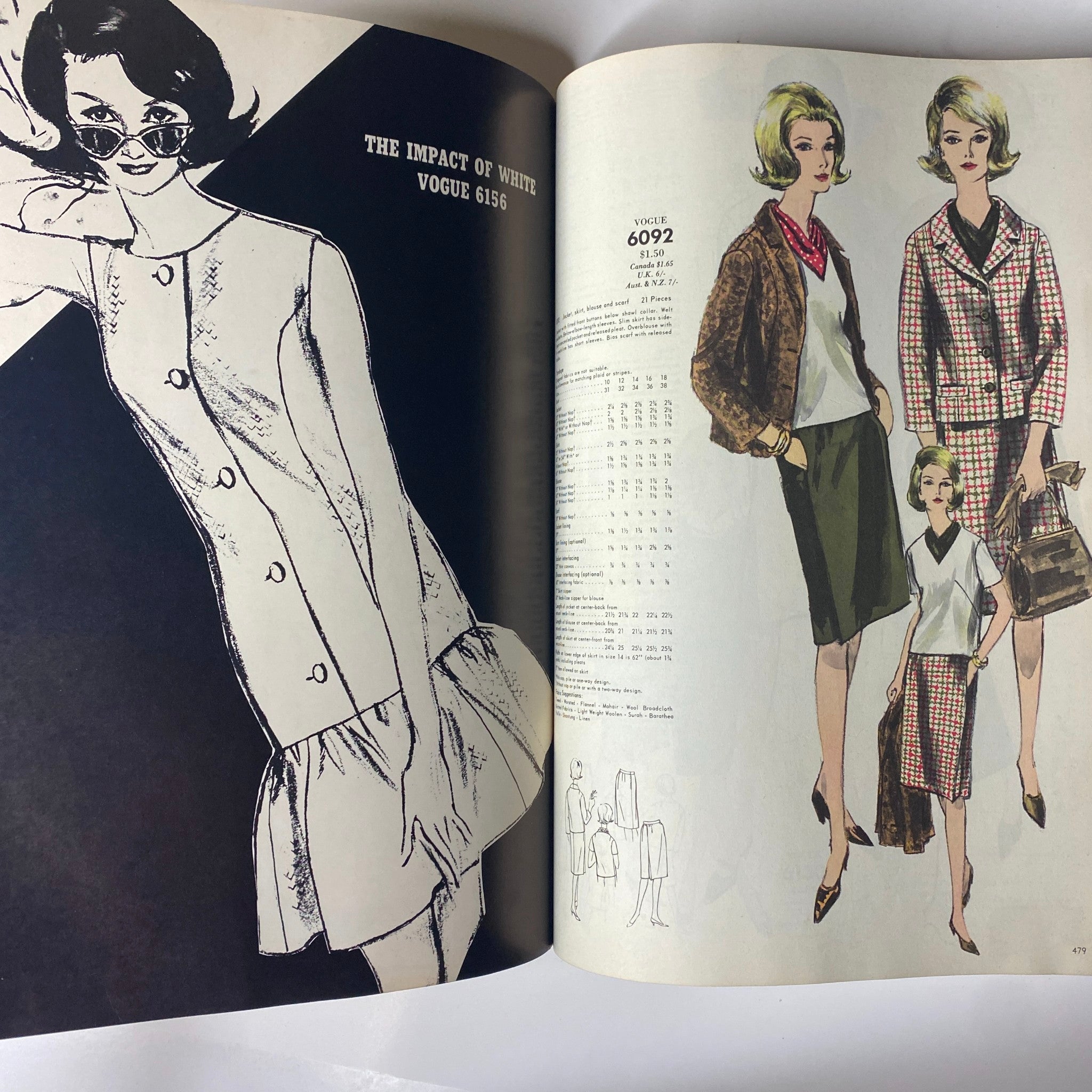 Vogue Patterns June 1964 Catalog featuring women's fashion illustrations including dress pattern 6156 and outfit pattern 6092. Showcases mid-century styles with elegant silhouettes and sophisticated designs.