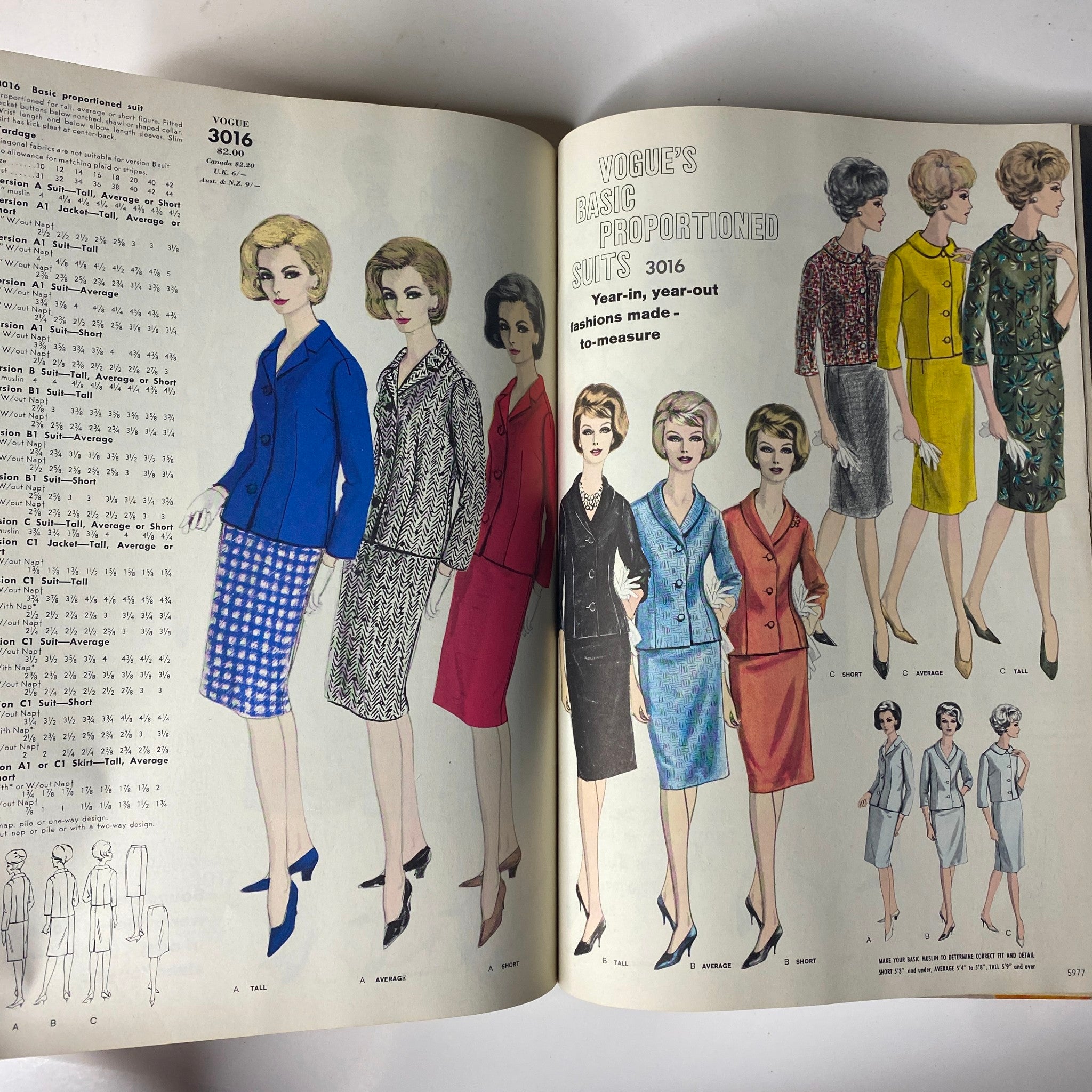 Vogue Patterns June 1964 Catalog displaying women's suit patterns 3016 with various styling options. Captures the essence of 1960s fashion with chic silhouettes and tailored looks.
