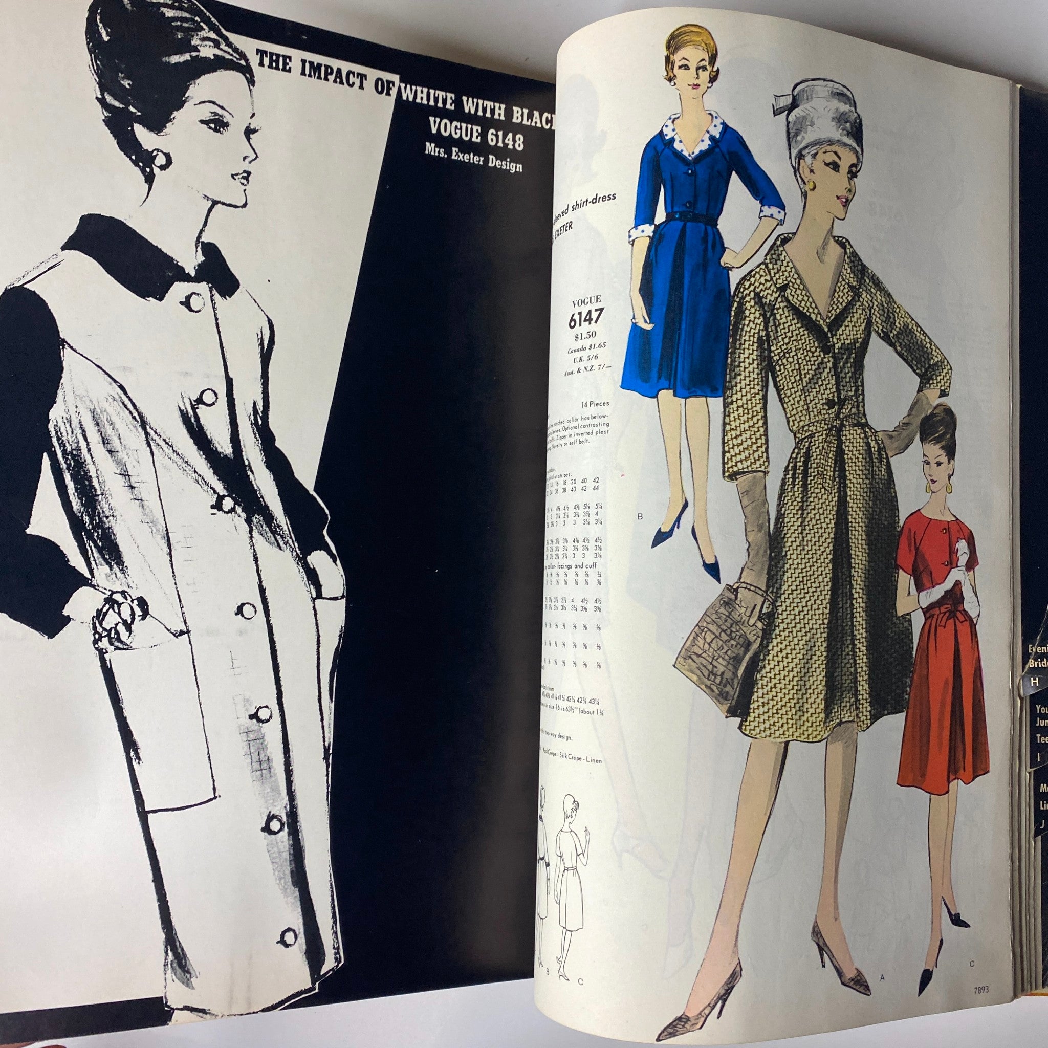 Vogue Patterns June 1964 Catalog showcasing elegant dress patterns including design 6148 with contrasting colors and styles. Demonstrates the fashion-forward appeal of 1960s dressmaking.