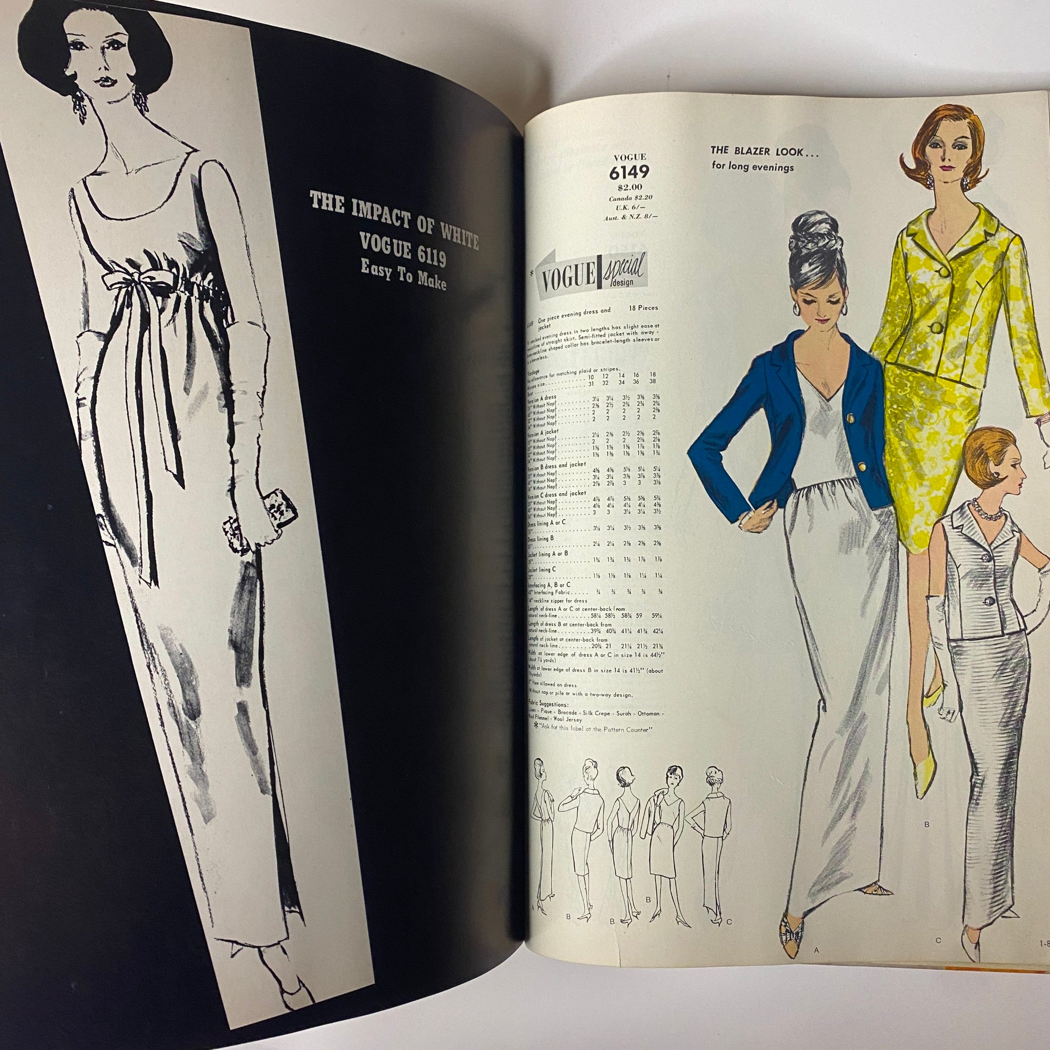 Vogue Patterns June 1964 Catalog showcasing elegant dress designs, including Vogue 6119, featuring a stylish model and detailed pattern instructions.