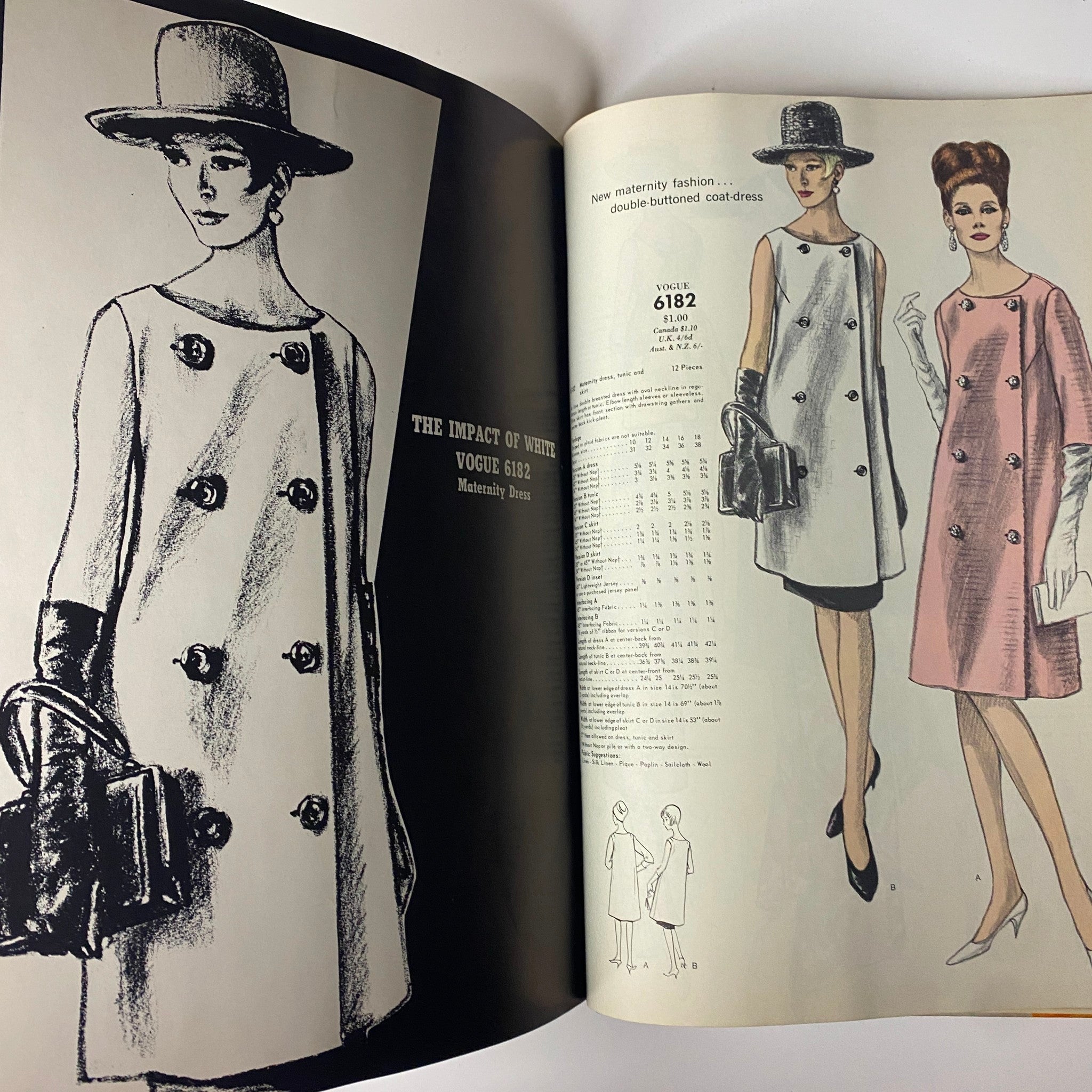 Vogue Patterns June 1964 Catalog presenting maternity fashion styles, including Vogue 6182, with designs ideal for expectant mothers.