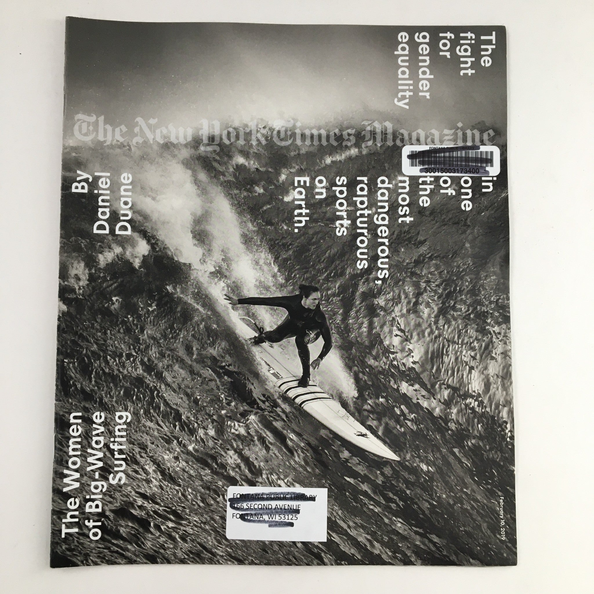 Cover image of The New York Times Magazine, February 10, 2019, titled 'The Fight For Gender Equality' featuring a surfer in action, highlighting themes of gender equality and social justice.