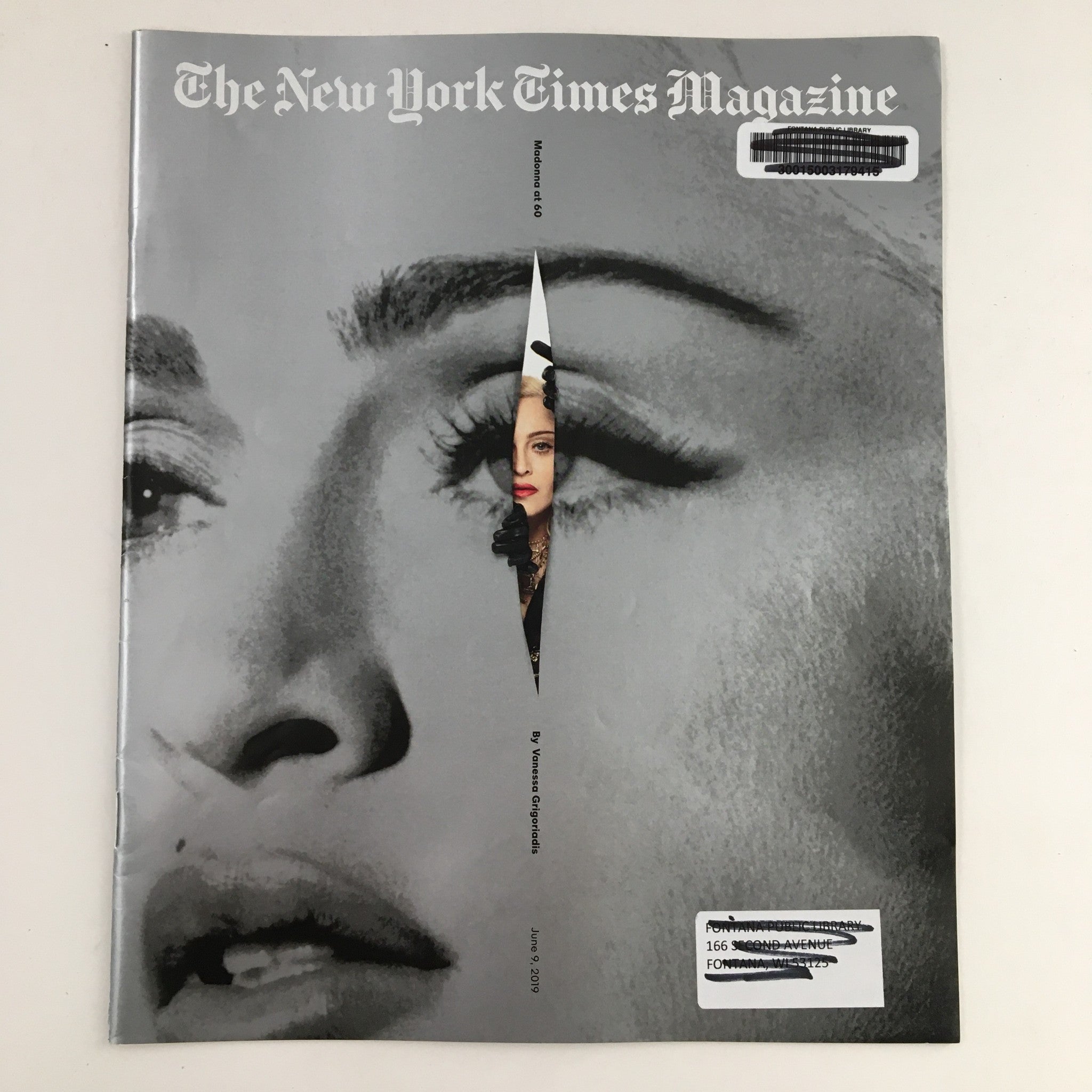 Cover of The New York Times Magazine June 9, 2019 featuring Madonna at 60 by Vanessa Grigoriadis, showcasing a striking image of Madonna with a unique cutout design.
