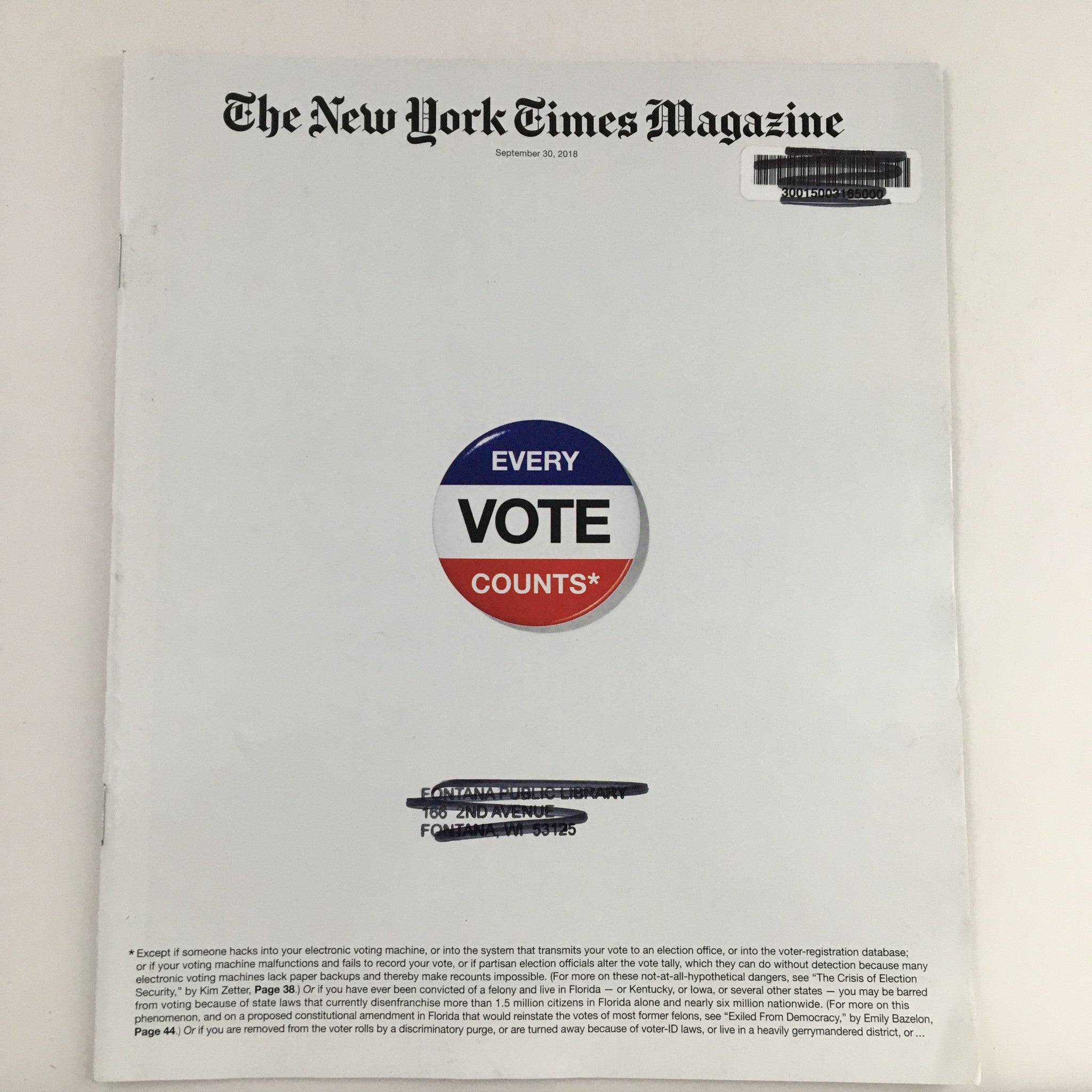 The New York Times Magazine September 30 2018 The Vote Issue, Every Vote Counts