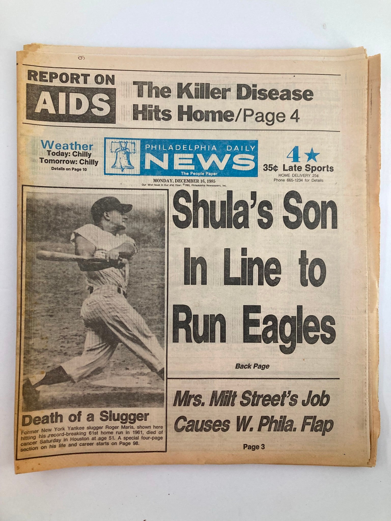 Philadelphia Daily News Tabloid December 16 1985 Roger Maris Death of a Slugger