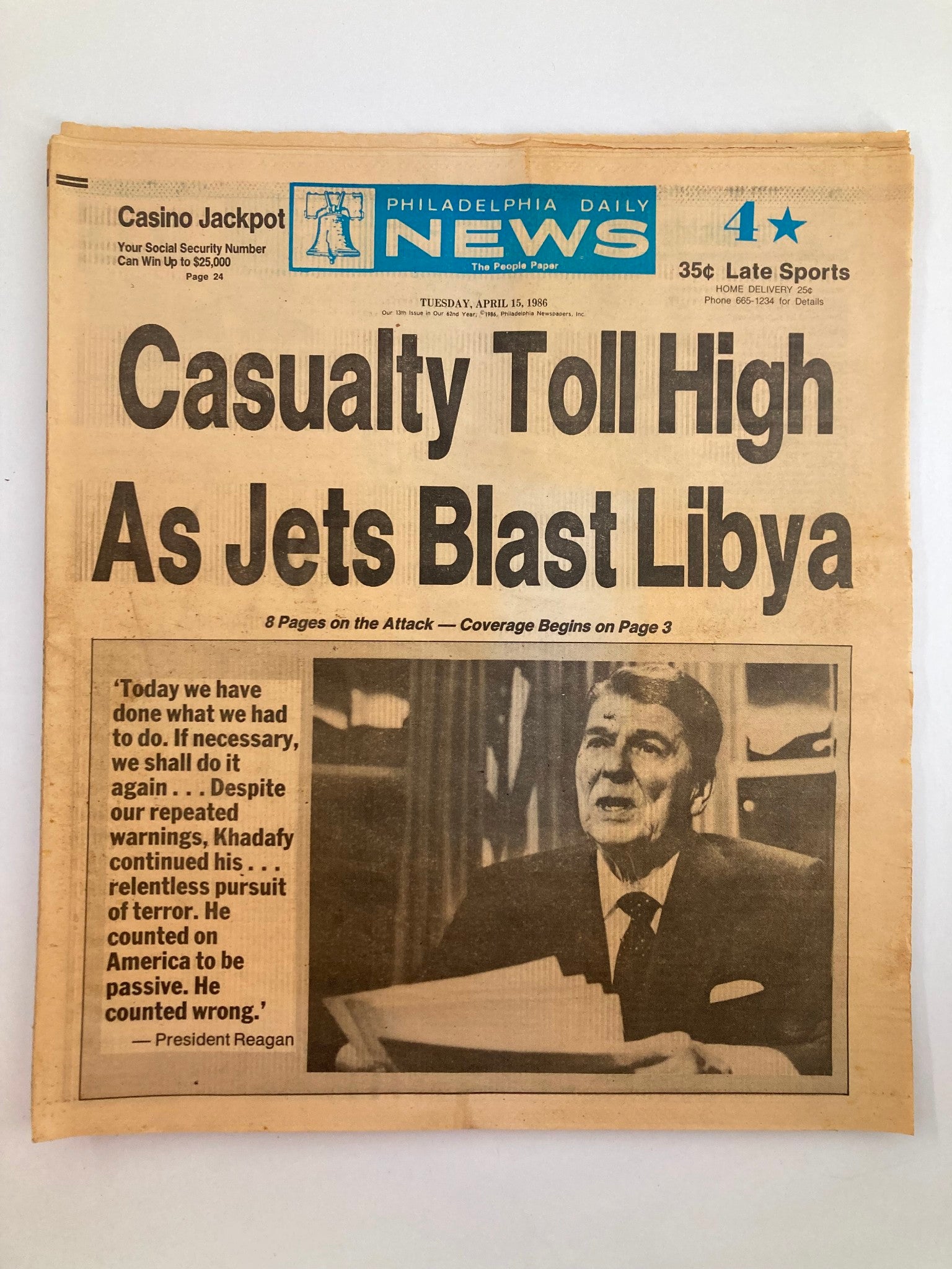 Philadelphia Daily News Tabloid April 15 1986 President Ronald Reagan