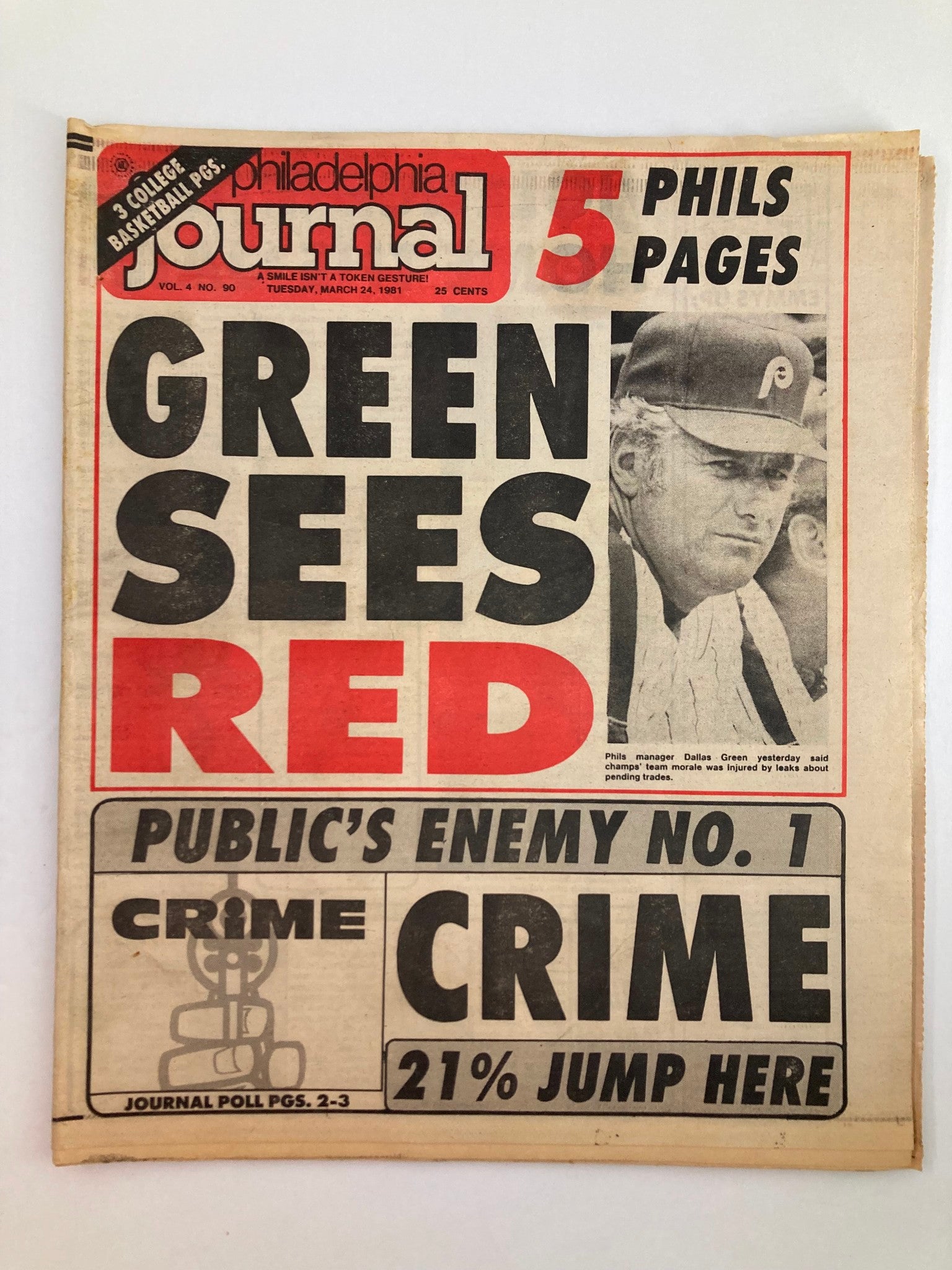 Philadelphia Journal Tabloid March 24 1981 Phils Manager Dallas Green Sees Red