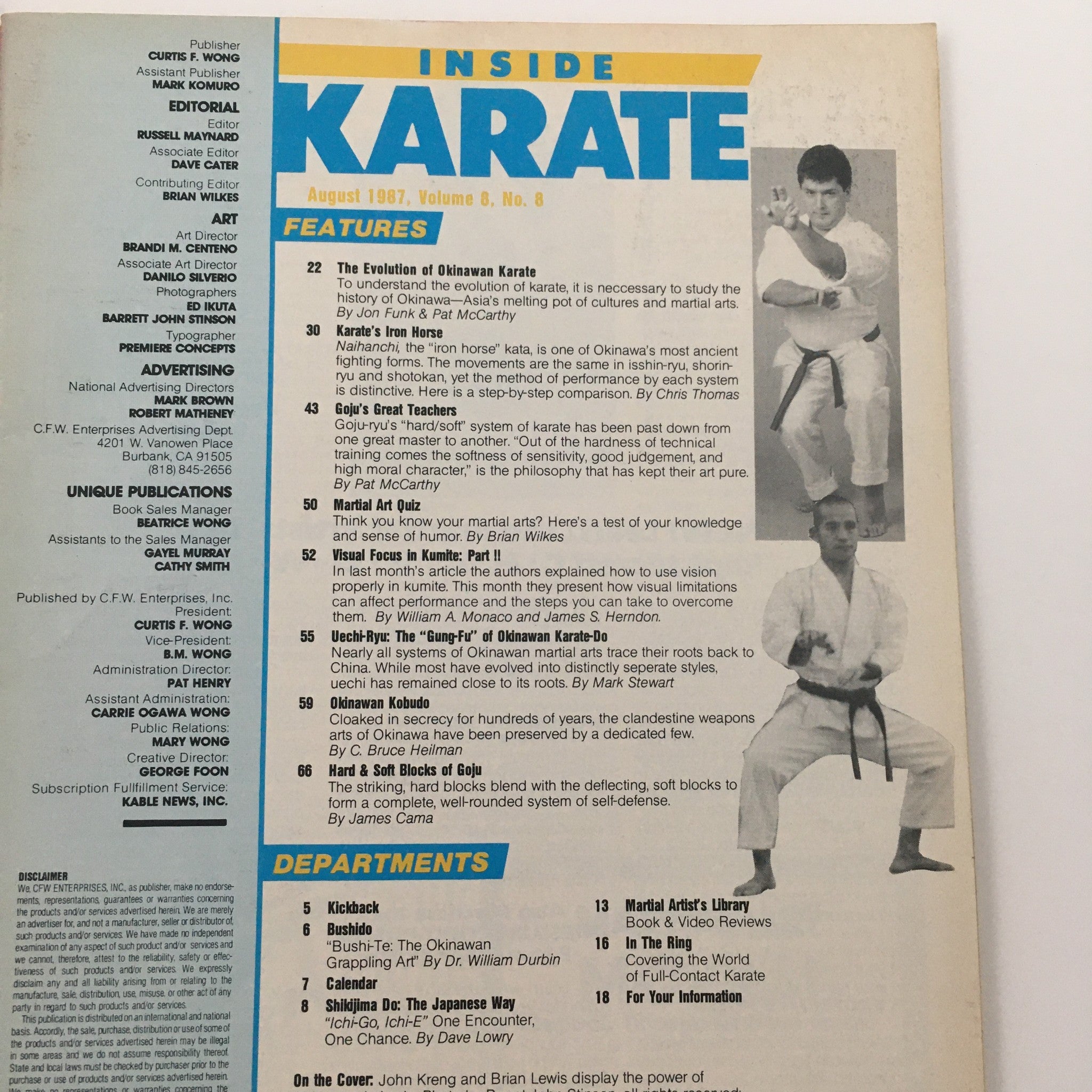 Inside Karate Magazine August 1987 John Kreng and Brian Lewis, No Label